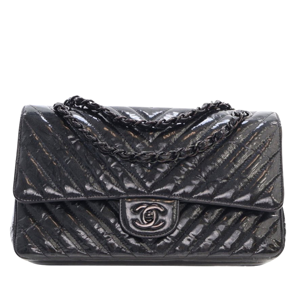 Patent So Black Medium Classic Double Flap Bag, 2018-2019