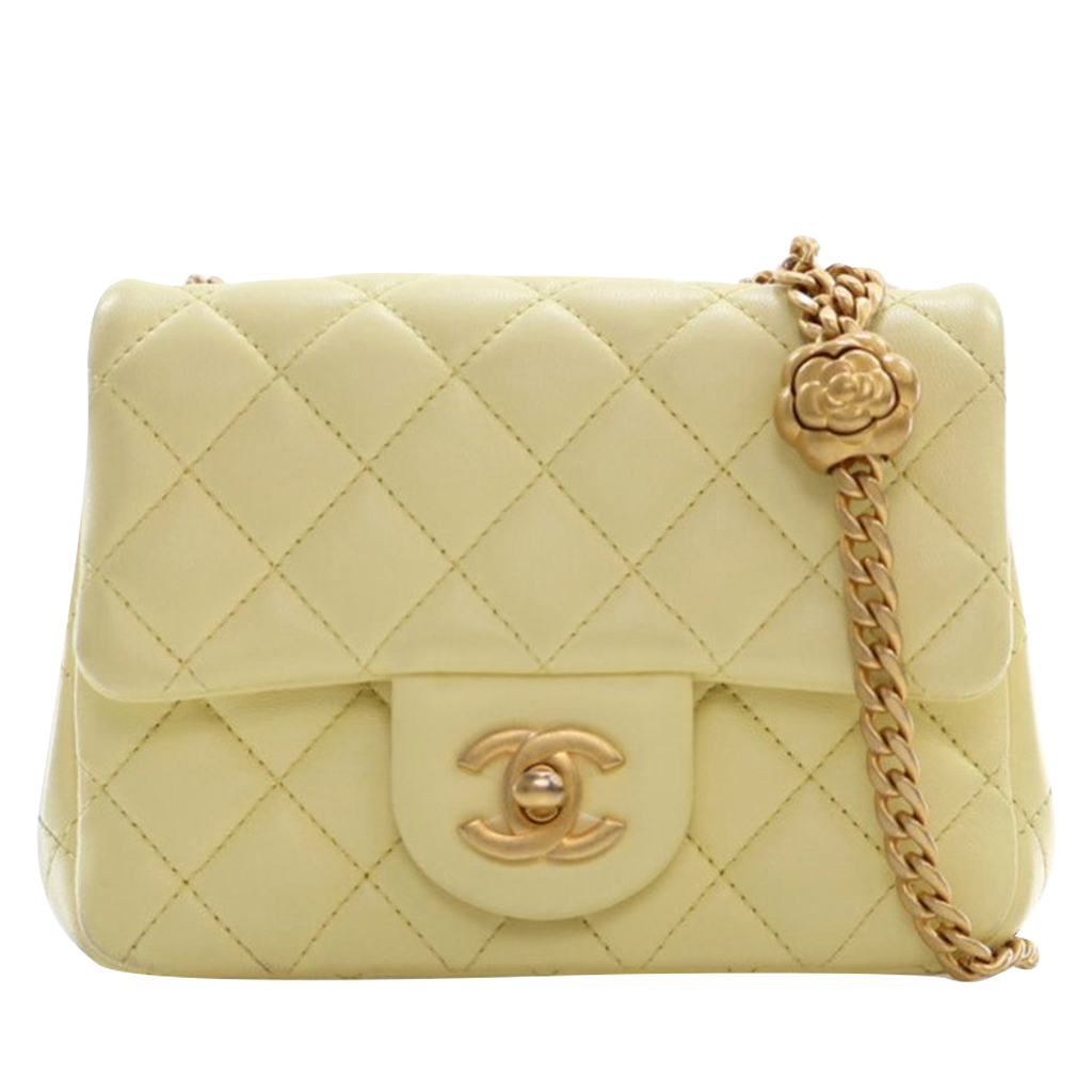 Yellow Quilted Lambskin Camellia Crush Square Classic Mini Flap Bag Aged Gold Hardware, 2024