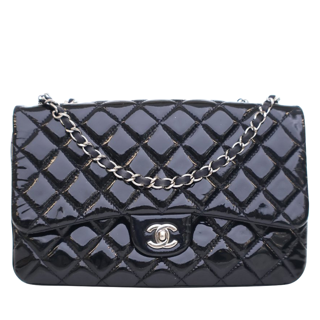 Black Quilted Patent Calfskin Jumbo 3 Flap Bag Silver Hardware, 2013-2014
