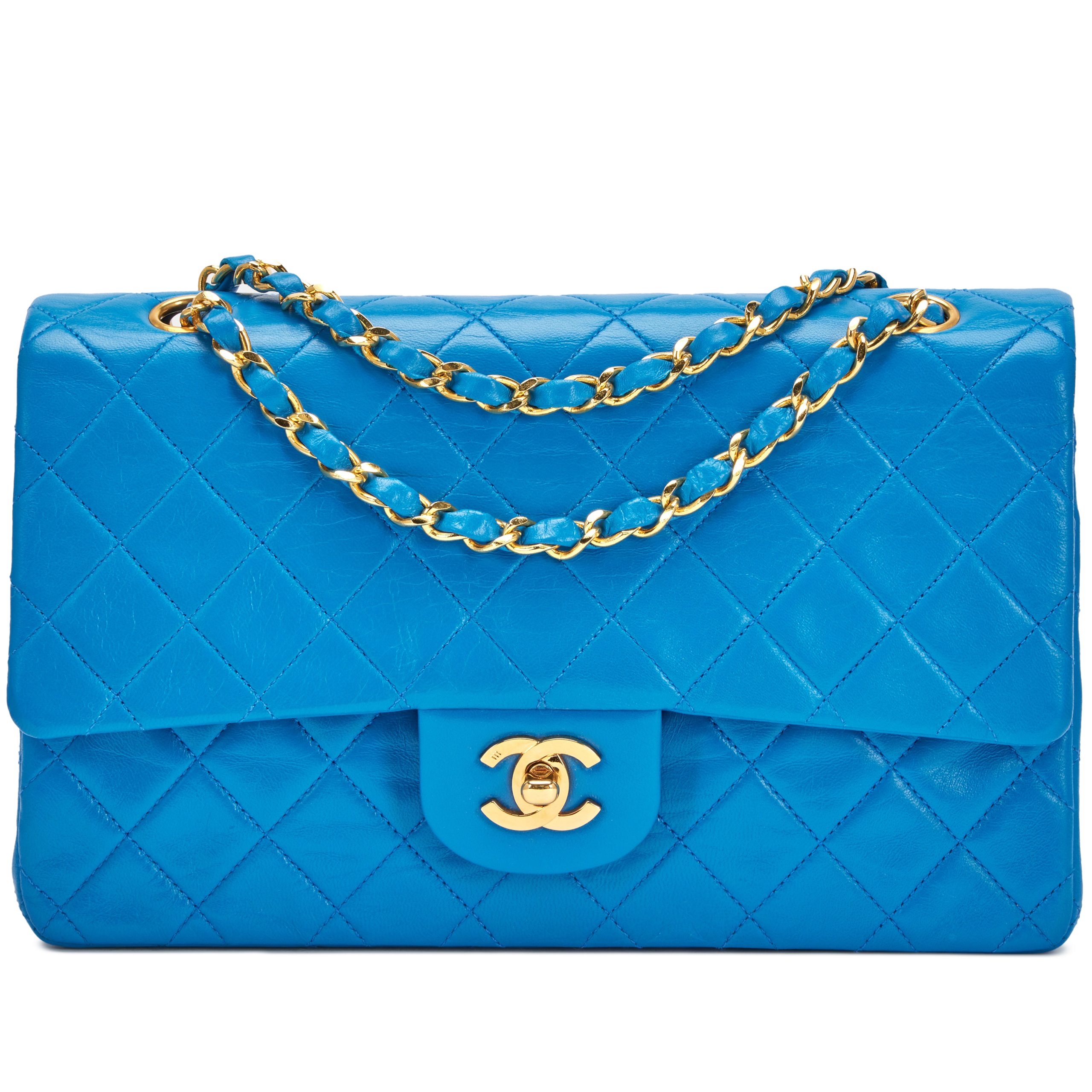 Vintage Bright Royal Blue Quilted Lambskin Classic Medium Double Flap Bag Gold Hardware, 1989-1991