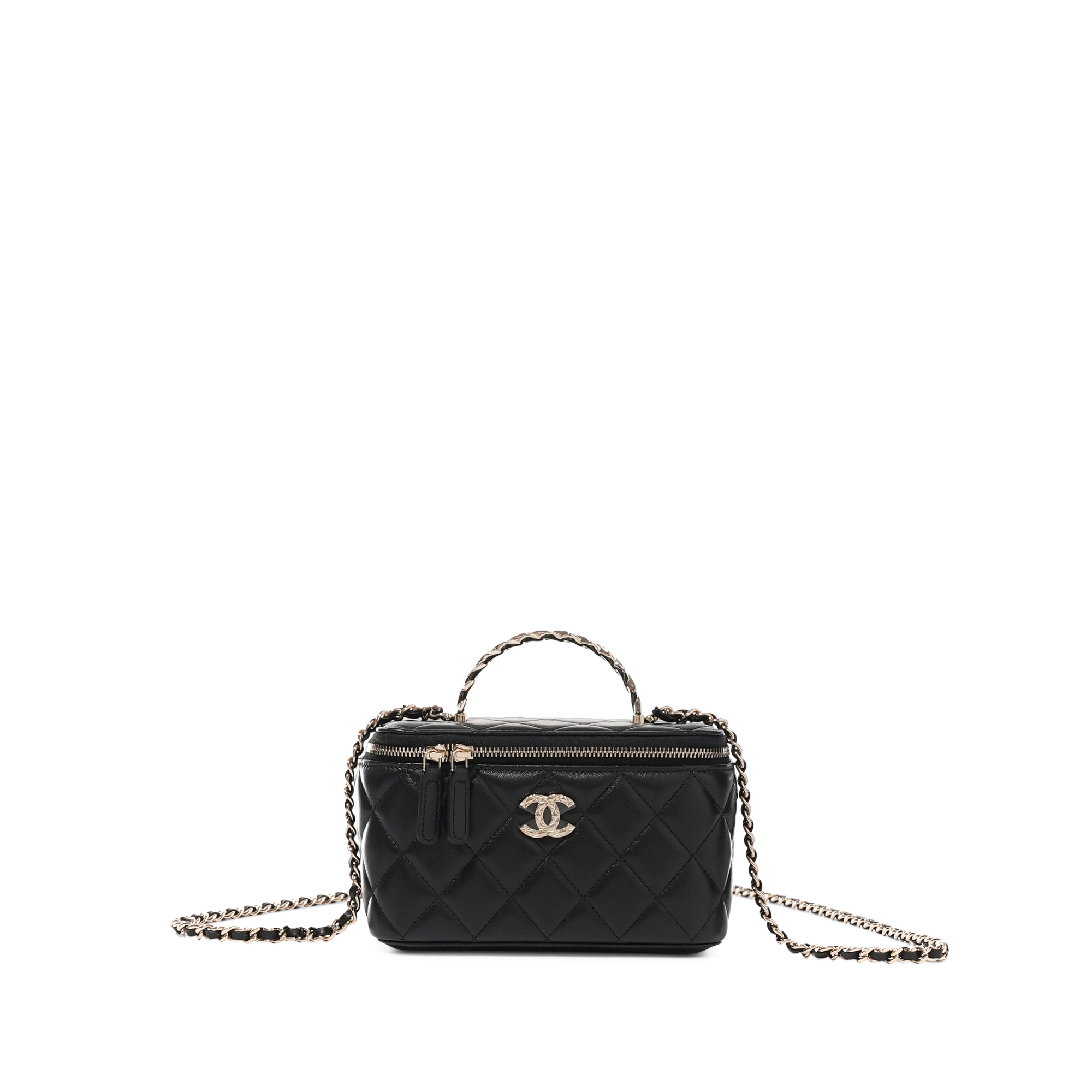 Black Quilted Lambskin Top Handle Vanity Case Crystal and Pale Gold Hardware, 2024
