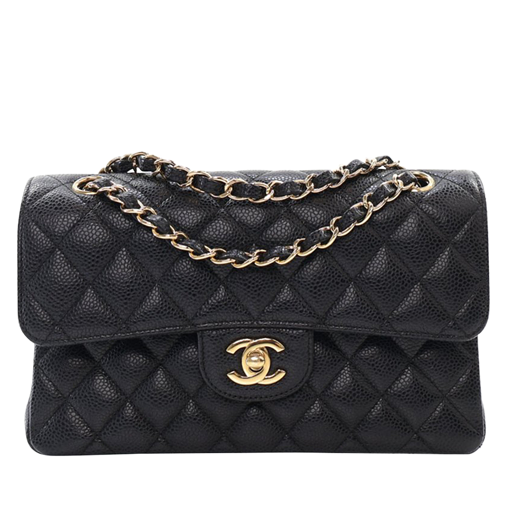 Black Quilted Caviar Small Classic Double Flap Bag Gold Hardware, 2019