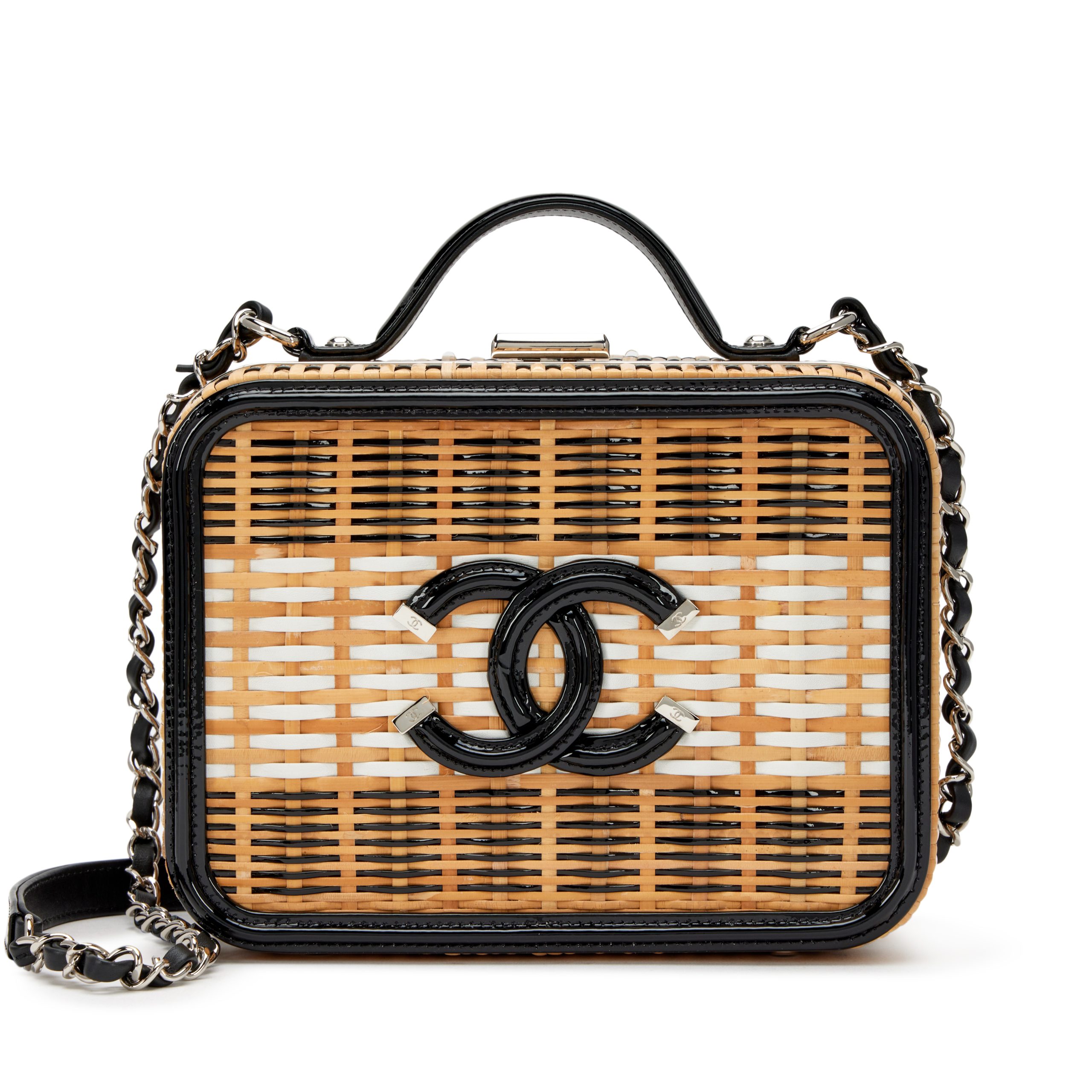 Black Patent Leather and Natural Rattan Wicker CC Filigree Medium Vanity Case Silver Hardware, 2019