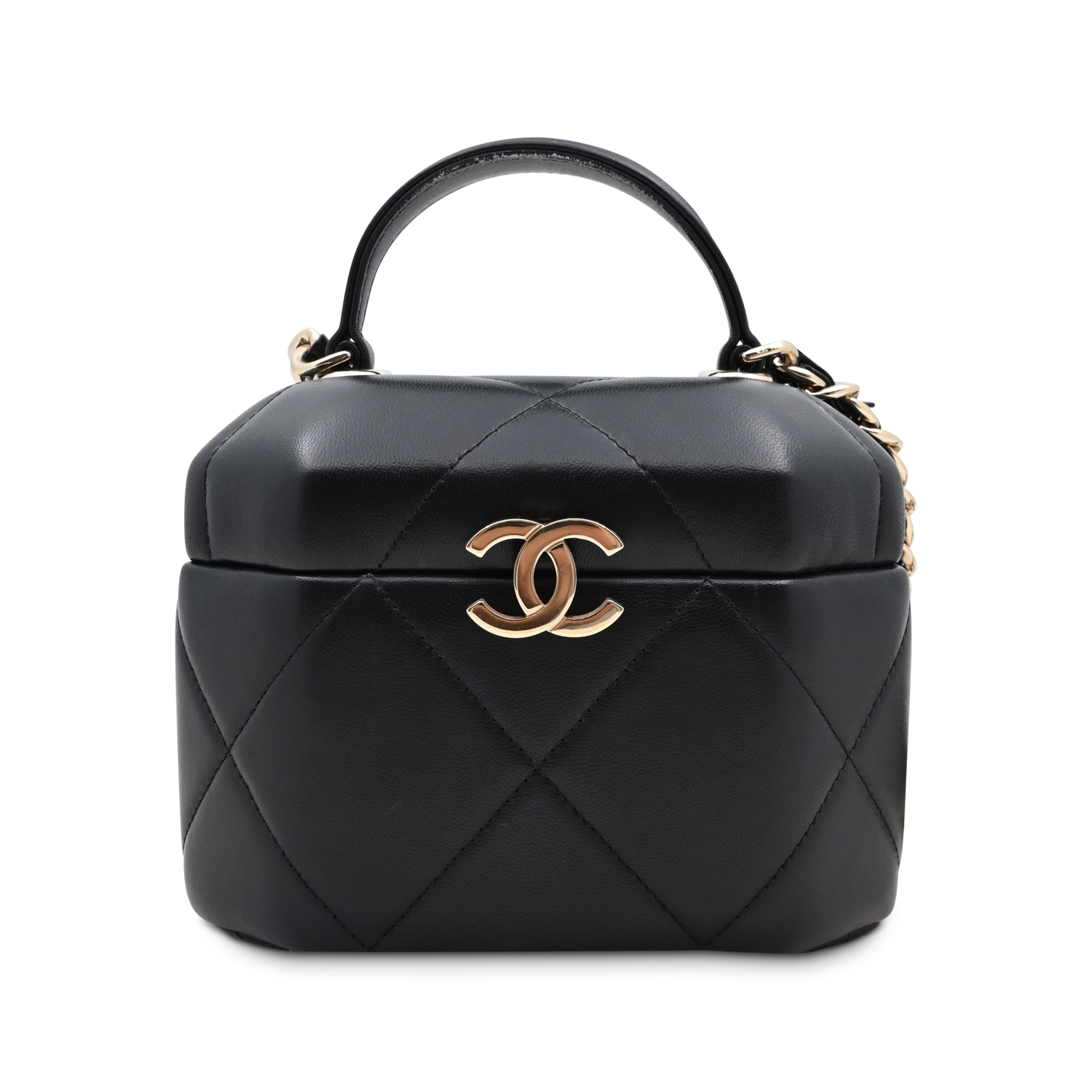 Black Quilted Lambskin Top Handle Vanity Case Gold Hardware, 2020