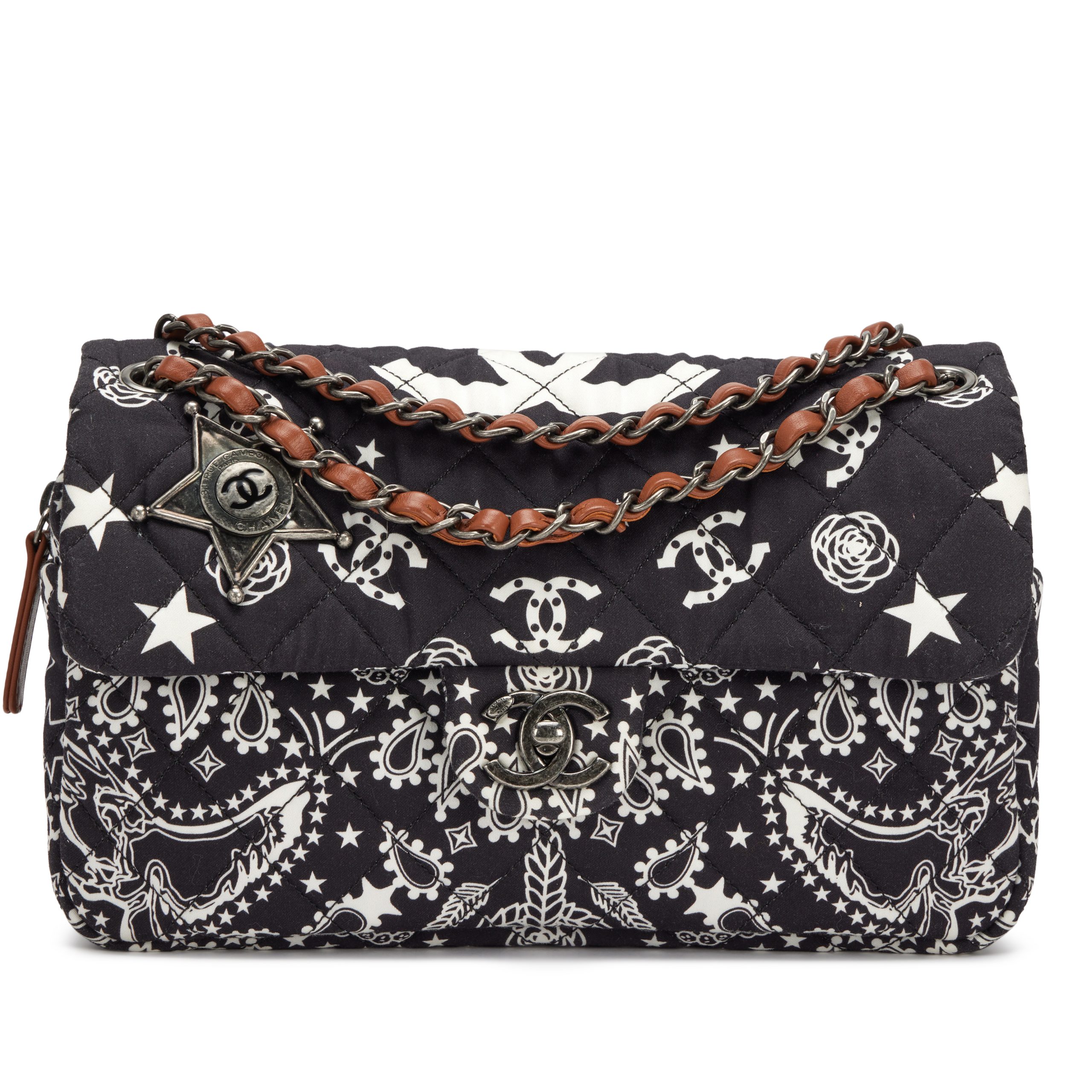 Black and White Quilted Canvas Paris-Dallas Bandana Medium Flap Bag Ruthenium Hardware, 2014