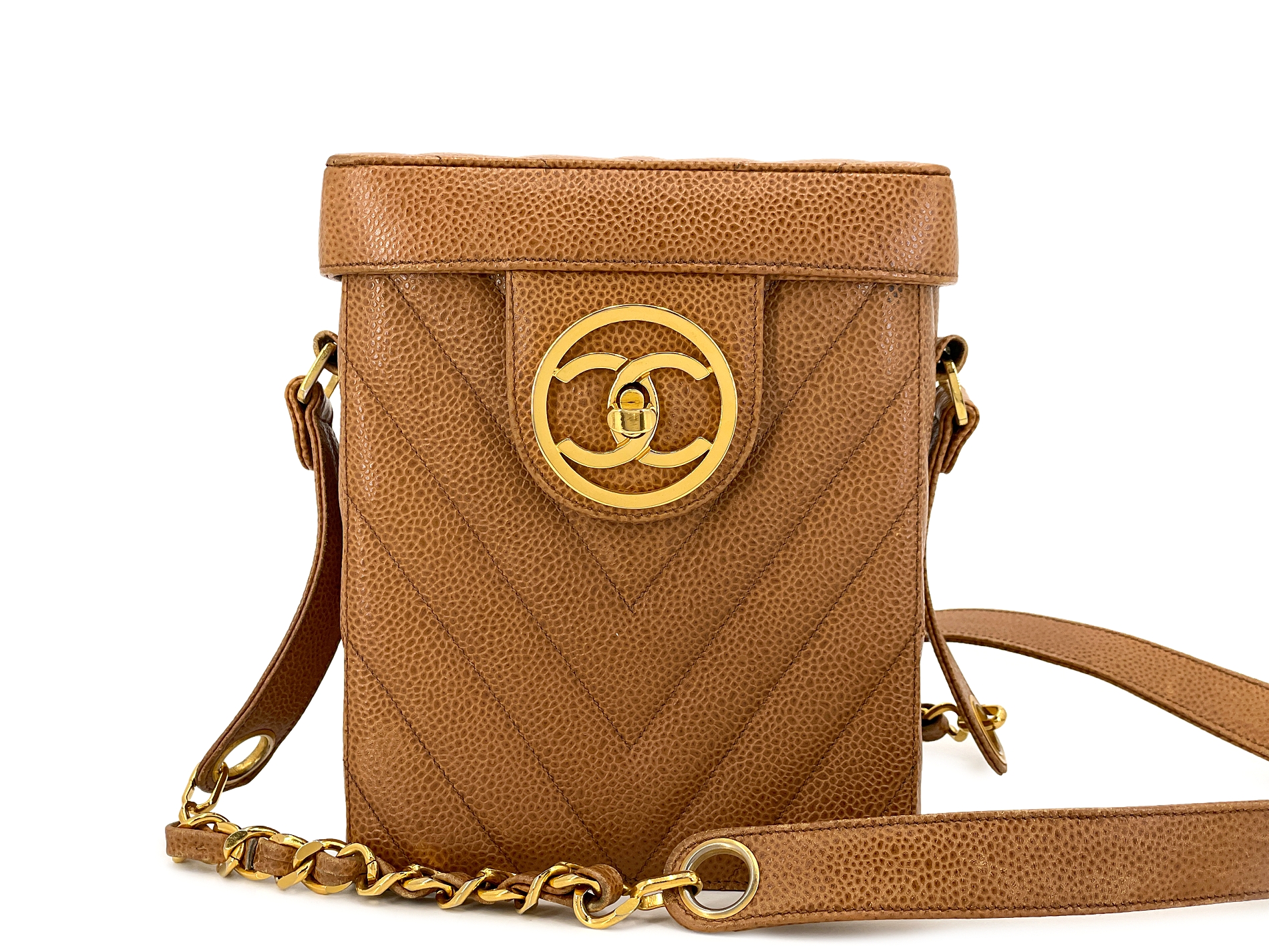 Vintage Caramel Brown Quilted Chevron Caviar Encircled CC Vanity Case Bag Gold Hardware, 1991-1994