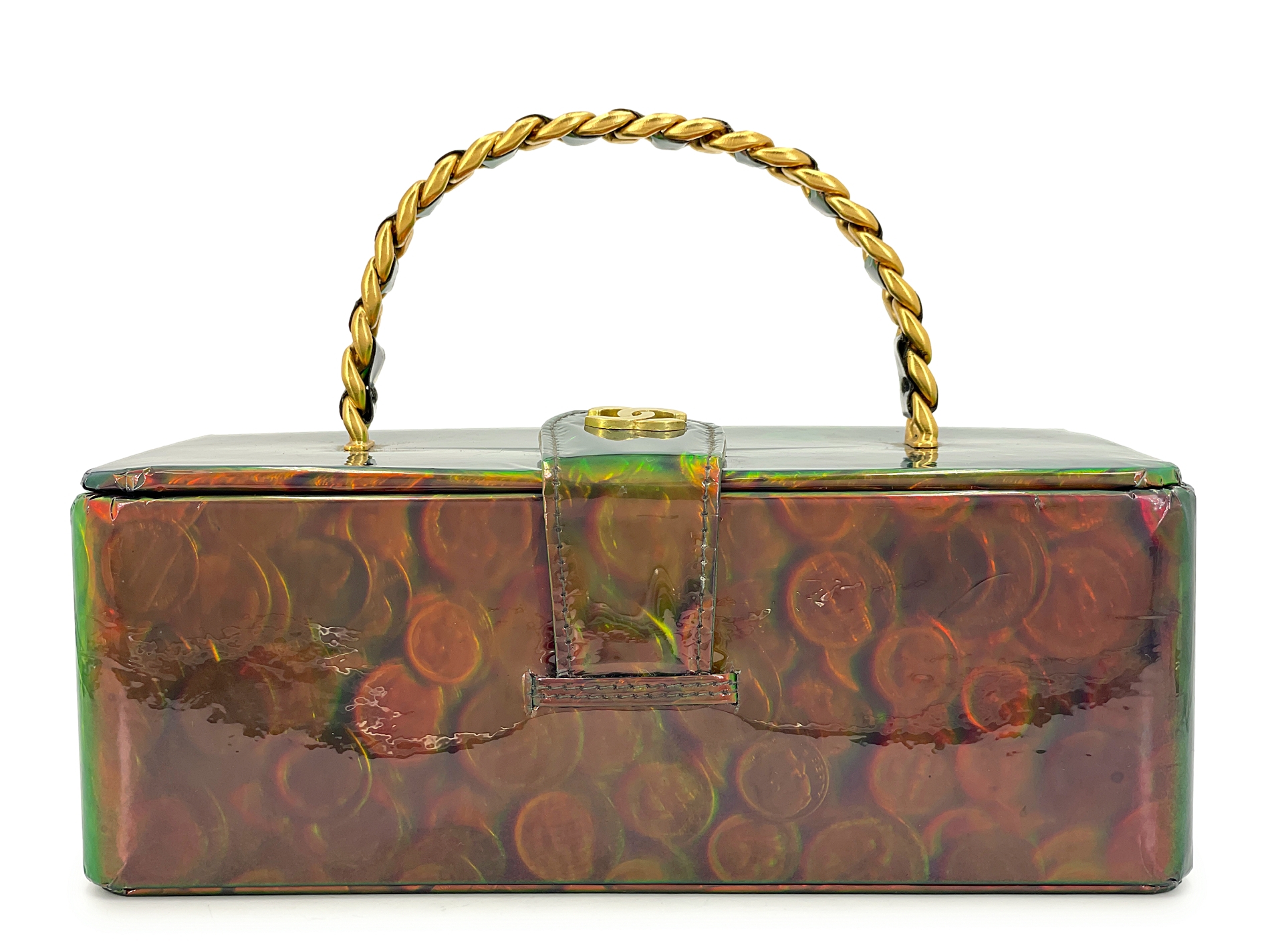 Vintage Holographic Vinyl Green Vanity Case Bag Gold Hardware, 1995