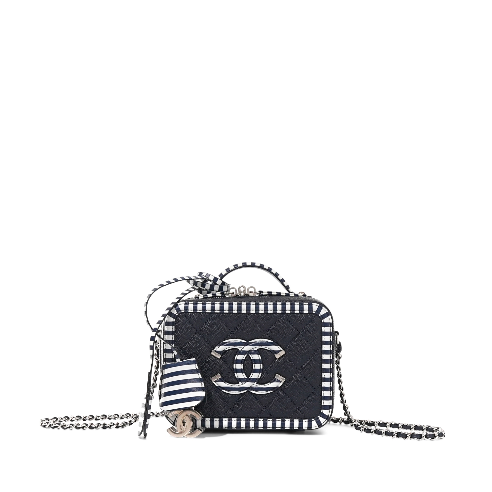 Navy and White Quilted Caviar CC Filigree Vanity Case Silver Hardware, 2019