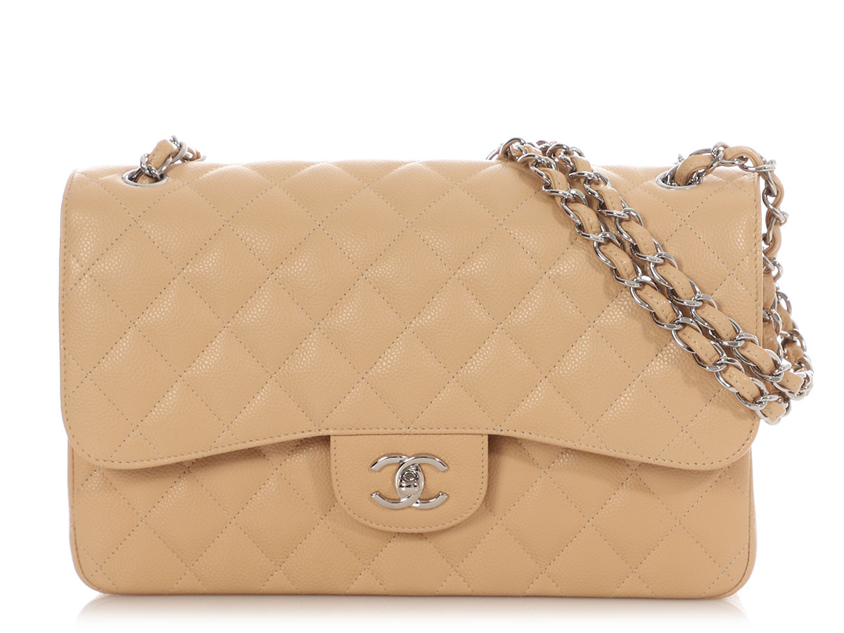 Beige Quilted Caviar Jumbo Classic Double Flap Bag Silver Hardware, 2018
