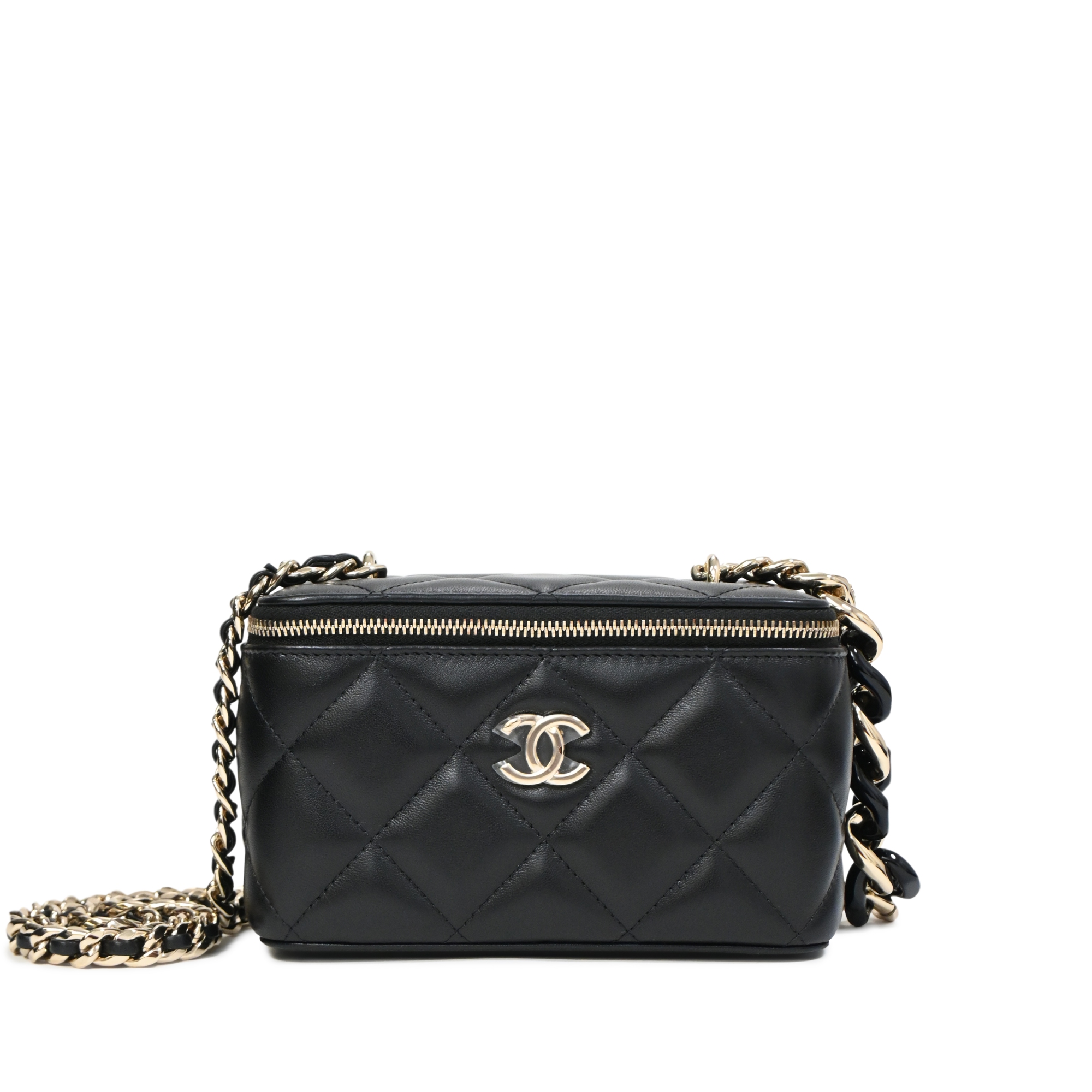 Black Quilted Lambskin Vanity Case Pale Gold Hardware, 2021