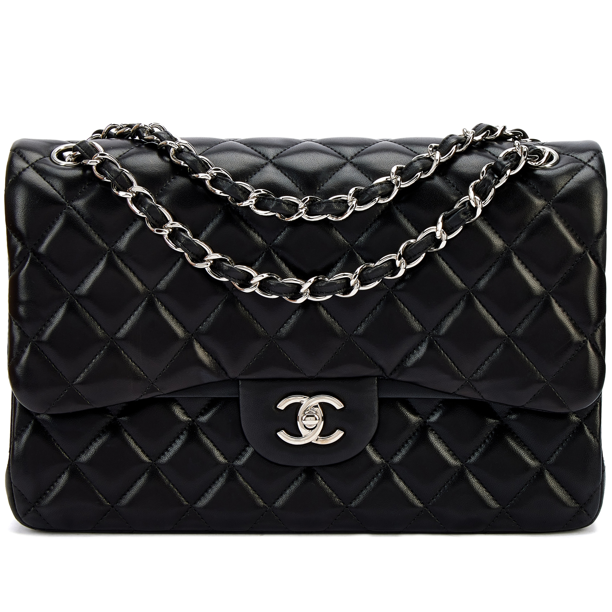 Black Quilted Lambskin Large Timeless Classic Double Flap Silver Hardware, 2011