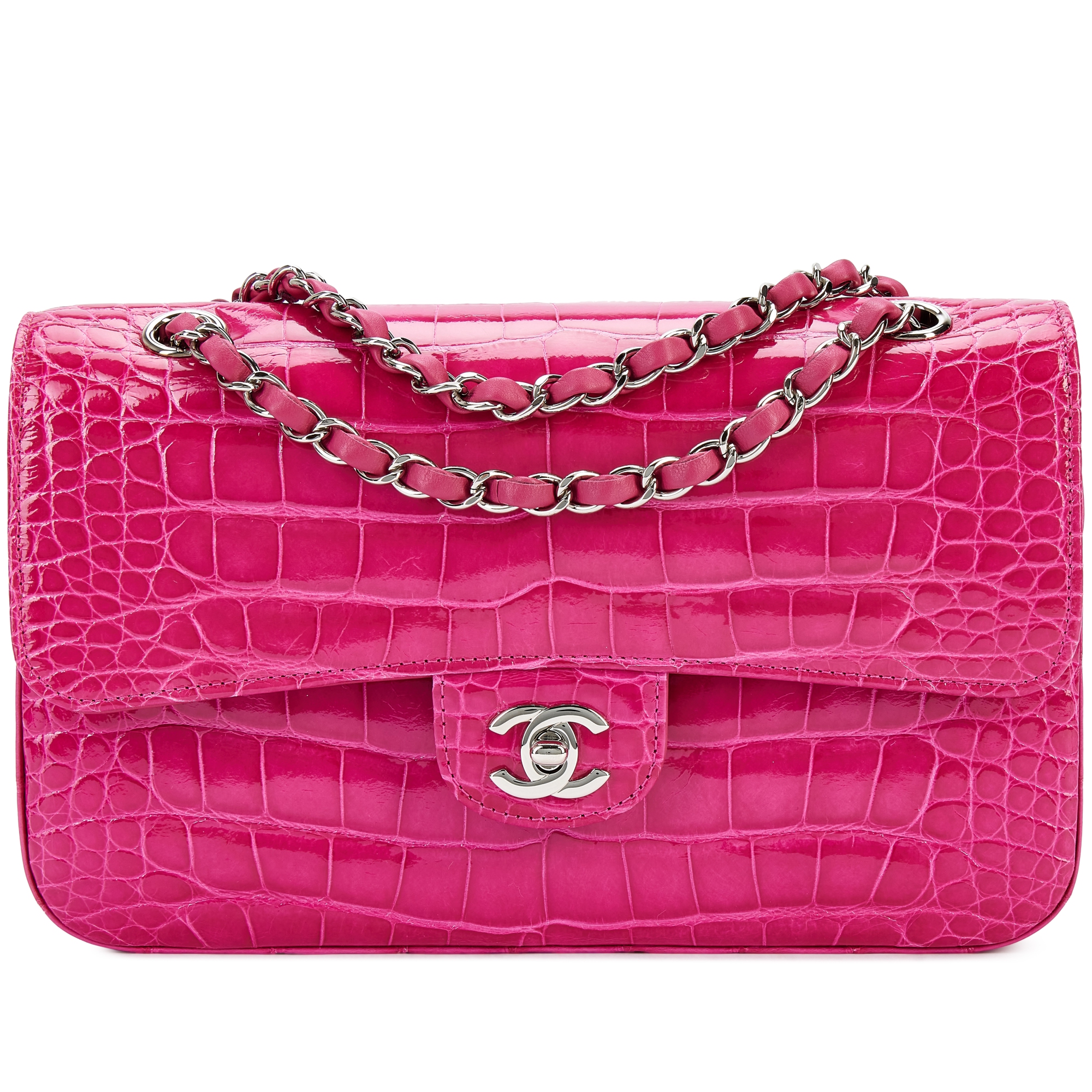 Fuchsia Shiny Alligator Timeless Classic Double Flap Silver Hardware, 2016-17