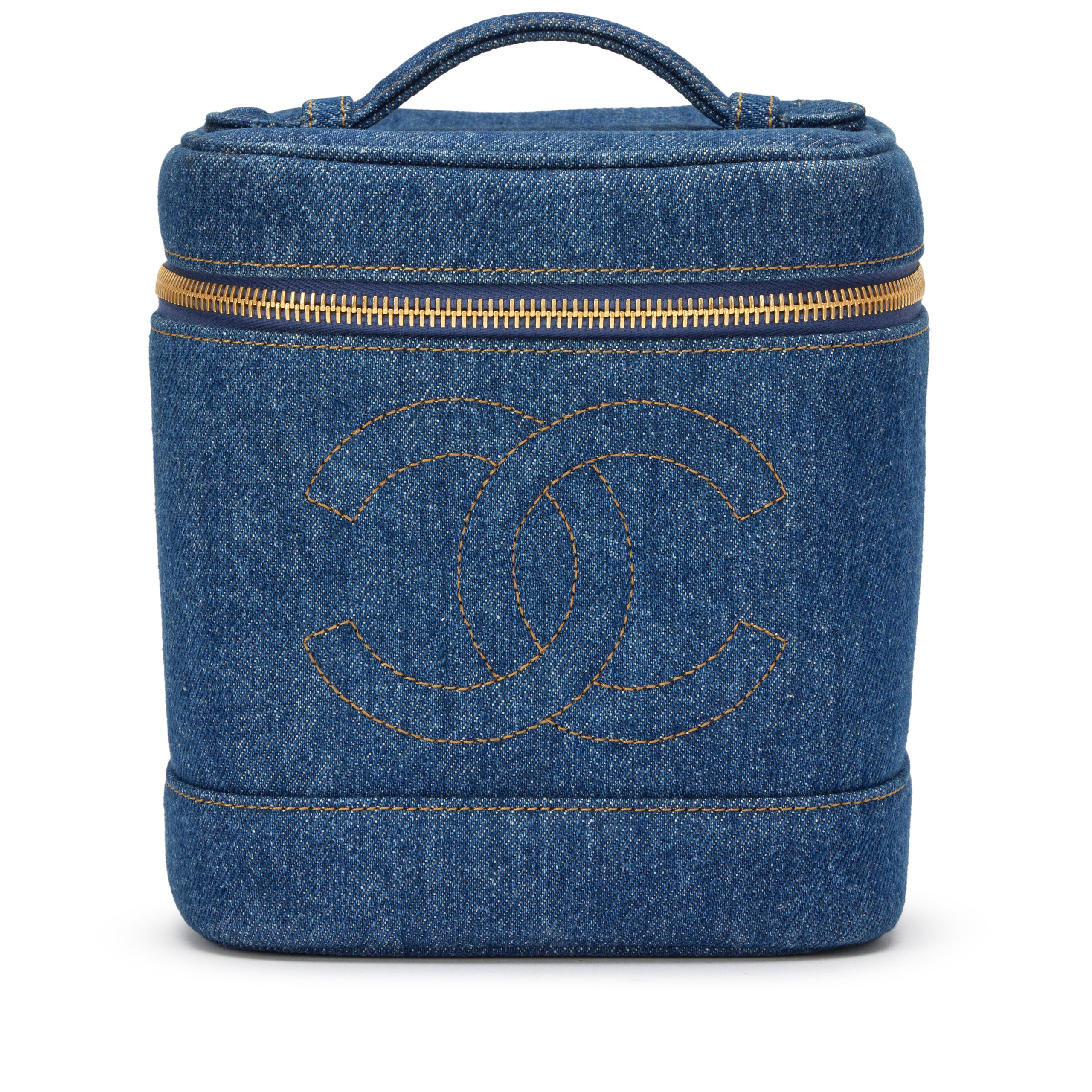 Vintage Blue Denim Timeless Vanity Cosmetic Case Bag Gold Hardware, 1996-1997