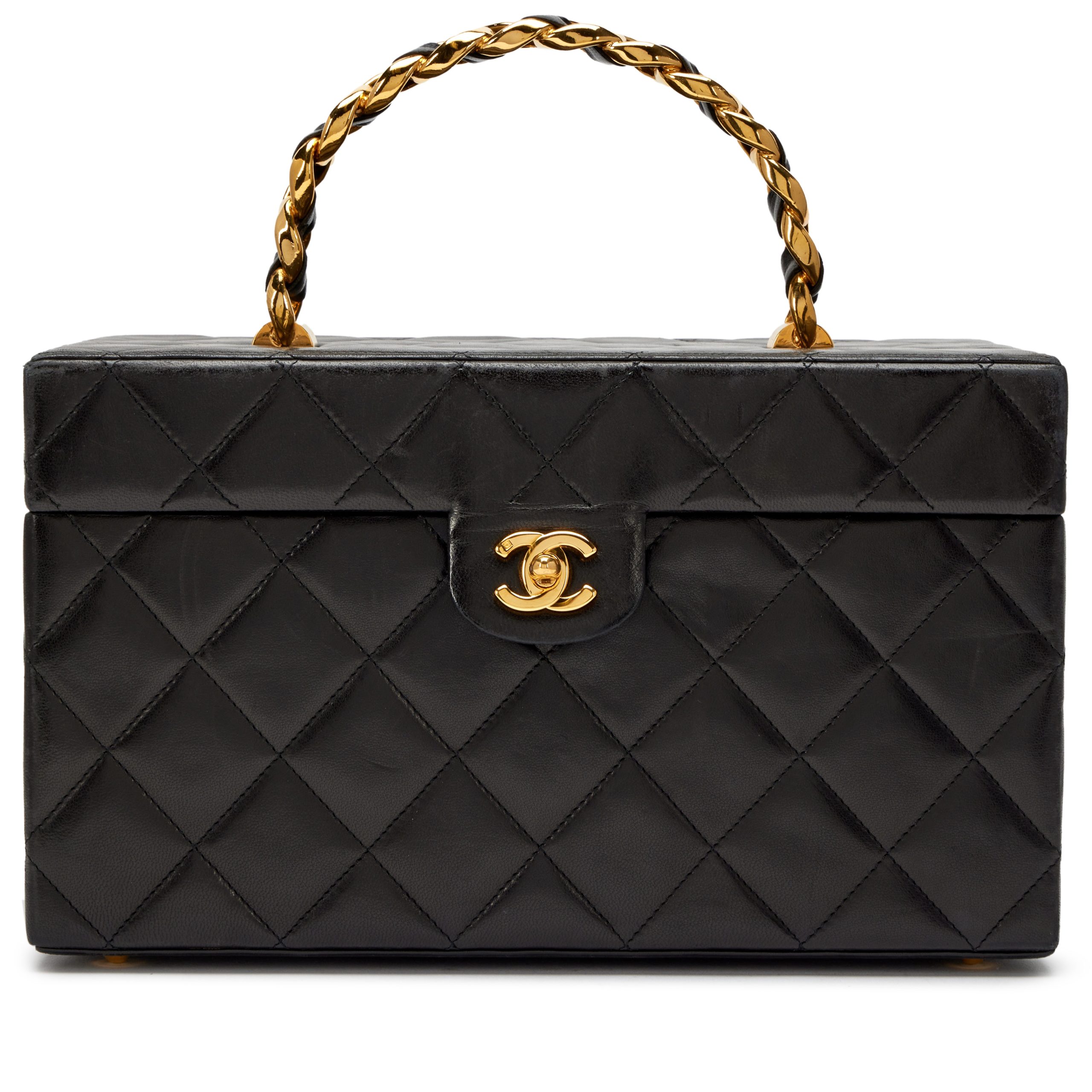 Vintage Black Quilted Lambskin Large Vanity Box Bag Gold Hardware, 1994-1996