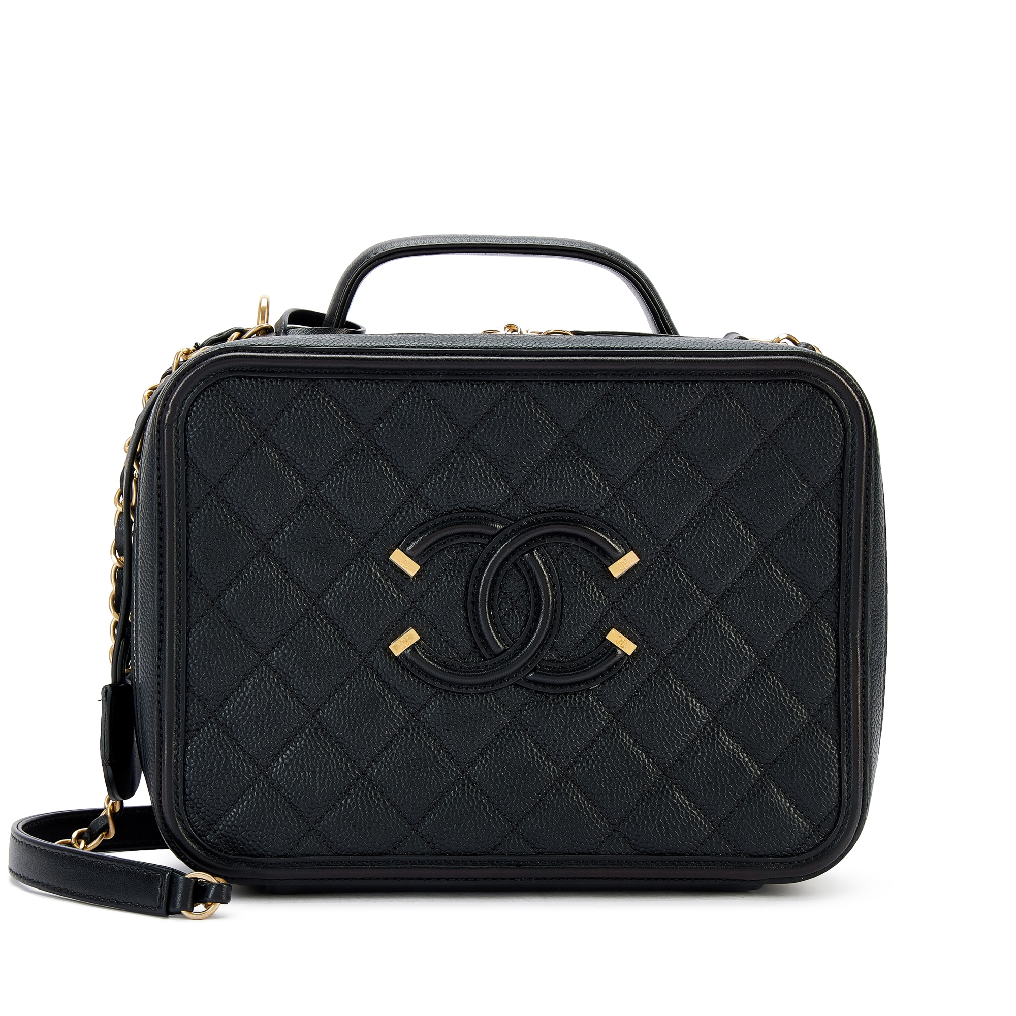 Black Quilted Caviar Medium CC Filigree Vanity Case Gold Hardware, 2017-18