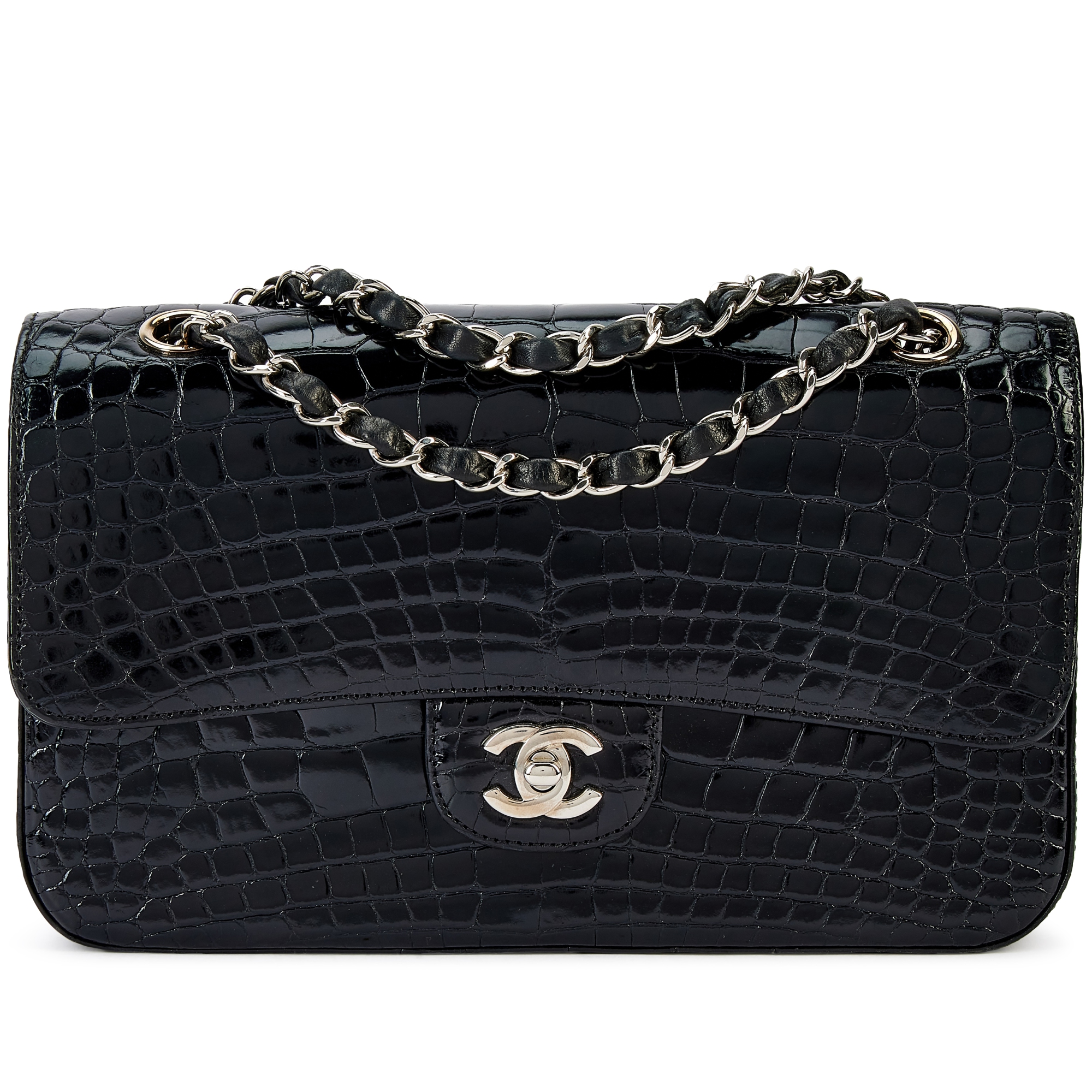 Black Shiny Alligator Timeless Classic Double Flap Silver Hardware, 2009-10