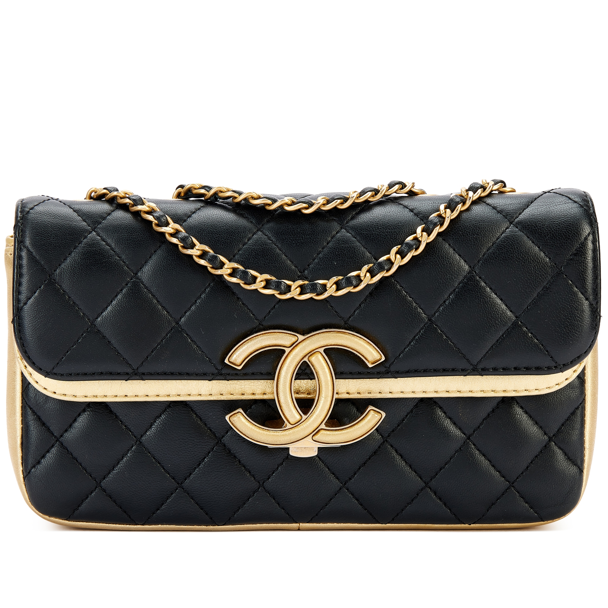 Black Quilted and Gold Lambskin Double Flap Aged Gold Hardware, 2016 - 2017