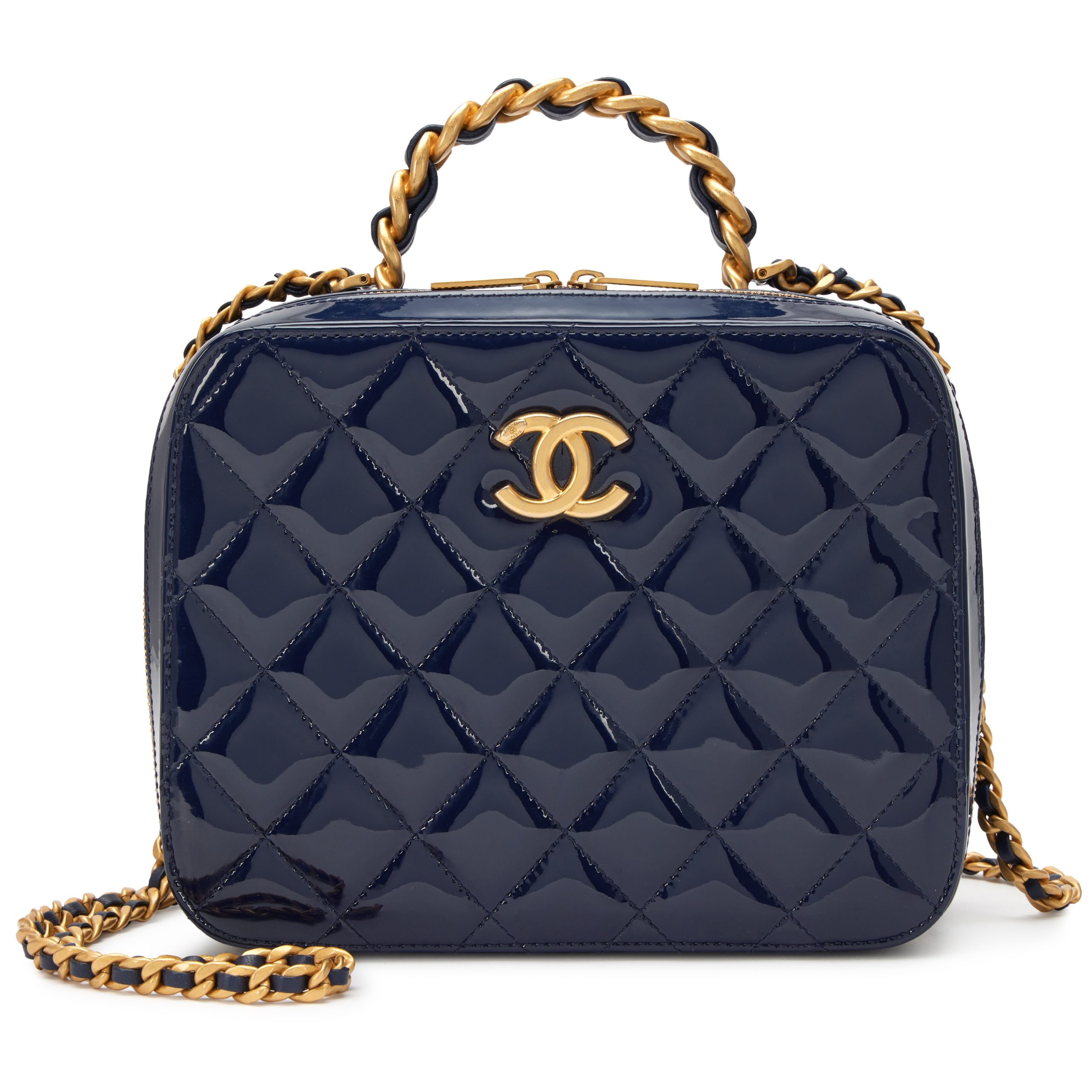 Navy Blue Patent Quilted Top Handle Vanity Case Aged Gold Hardware, 2022