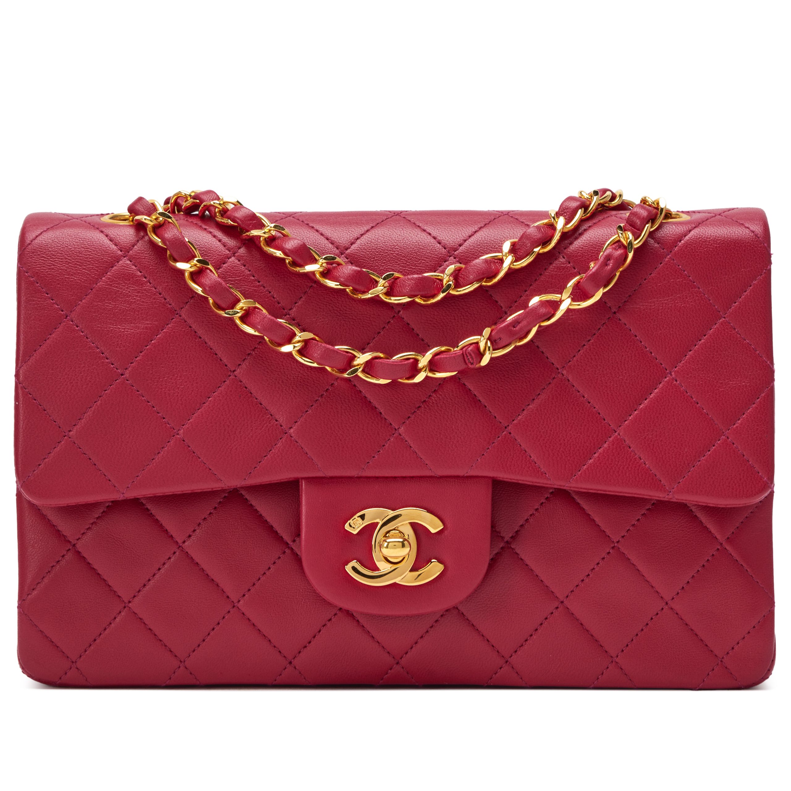 Vintage Rose Red Quilted Lambskin Small Classic Double Flap Bag Gold Hardware, 1989-1991