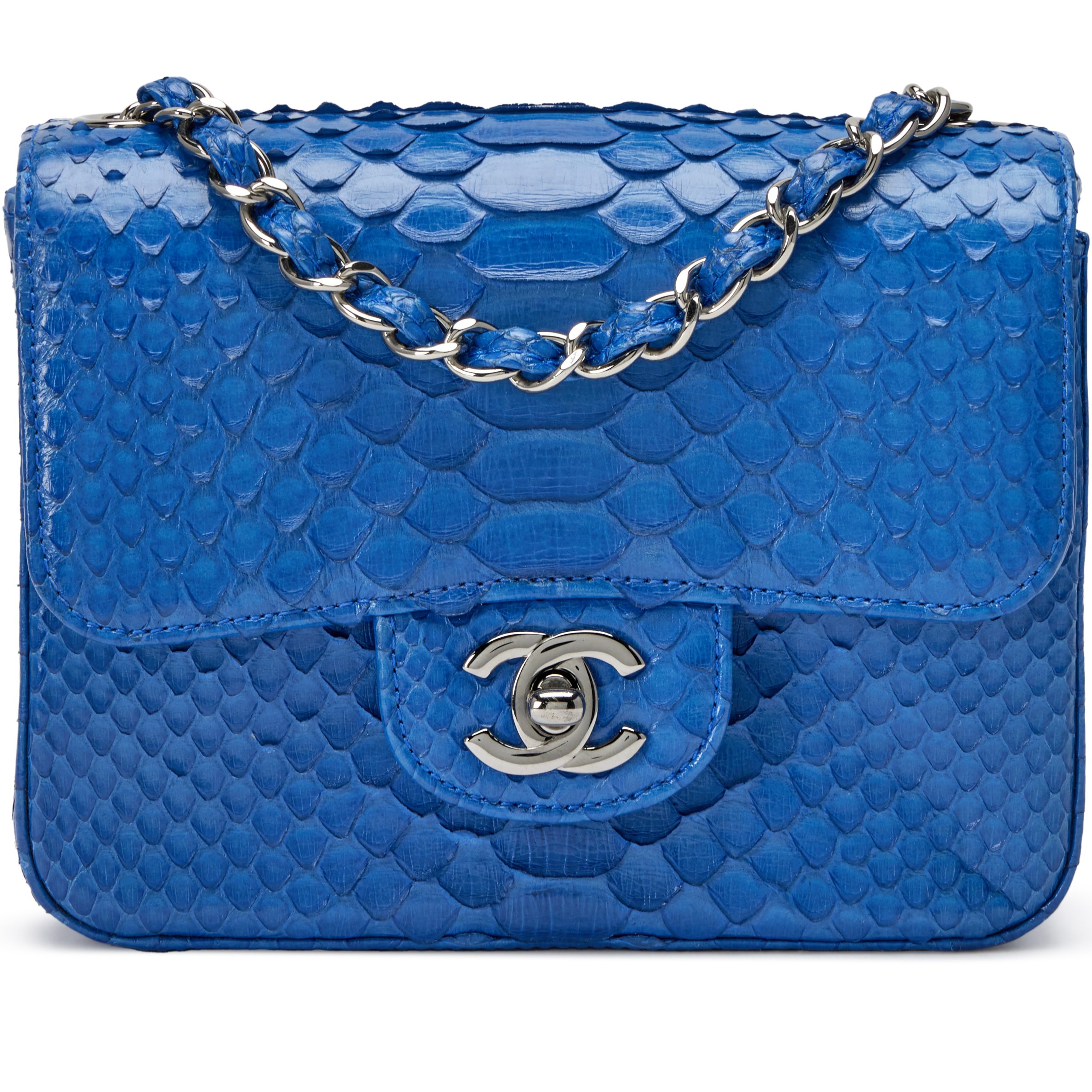 Bright Blue Python Mini Square Classic Single Flap Bag Ruthenium Hardware, 2016