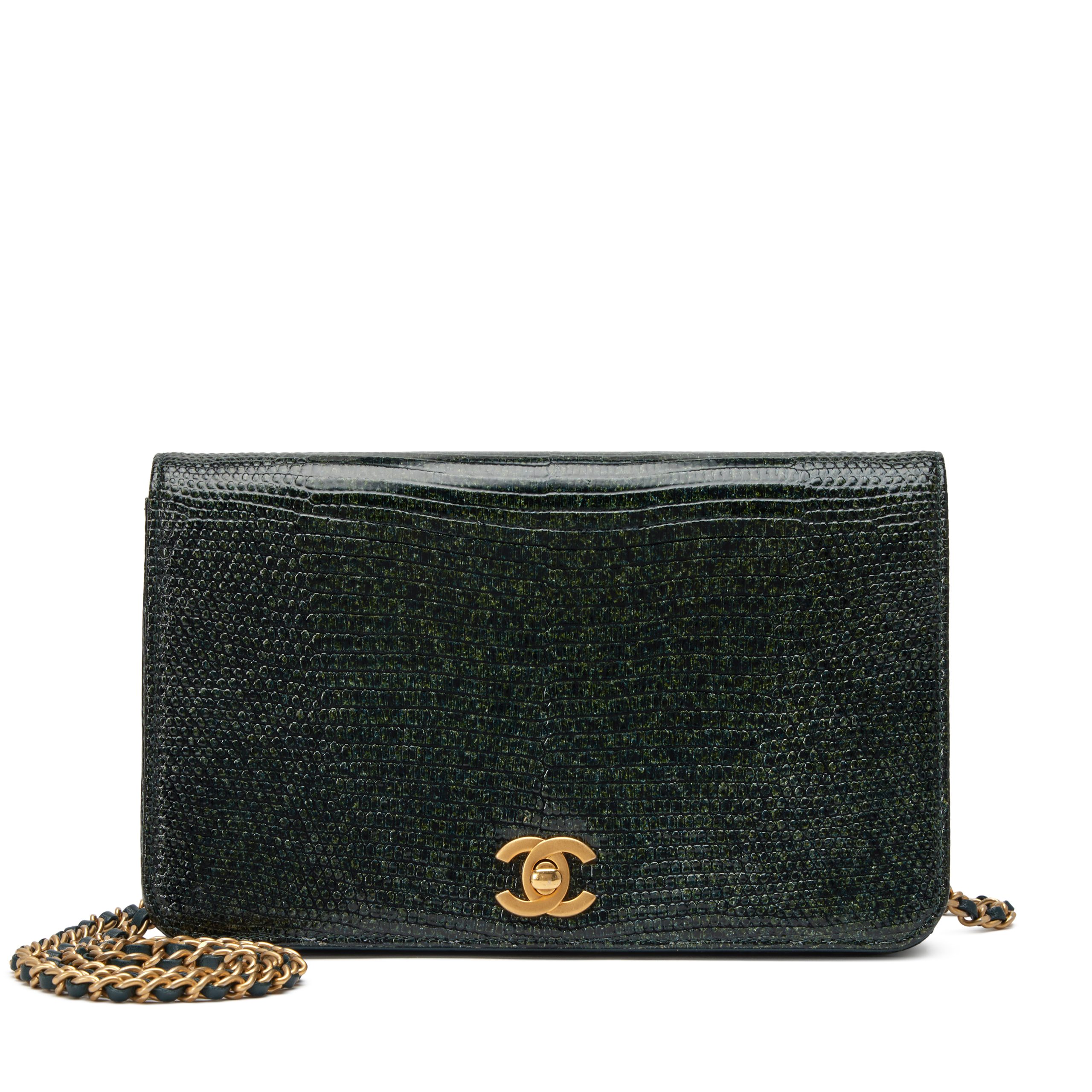 Iridescent Deep Emerald Green Lizard Small Full Flap Bag Aged Gold Hardware, 2018