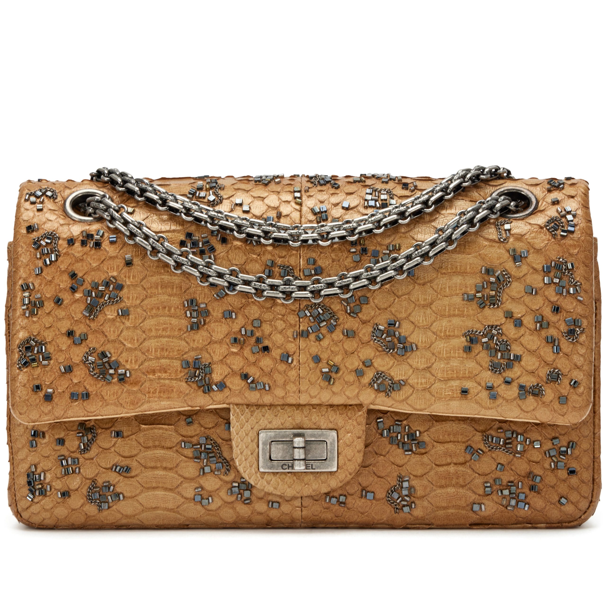 Gold Python Beaded and Chain Embellished Paris-Byzance 225 Reissue Double Flap Bag Ruthenium Hardware, 2011