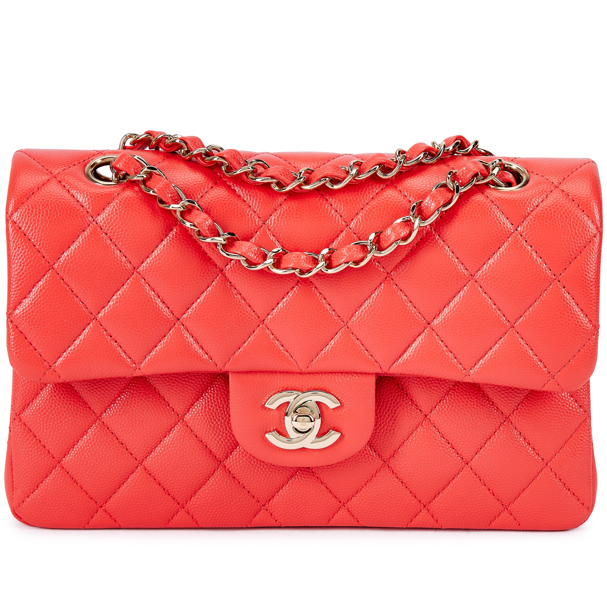 Coral Quilted Caviar Timeless Classic Small Double Flap Bag Pale Gold Hardware, 2020