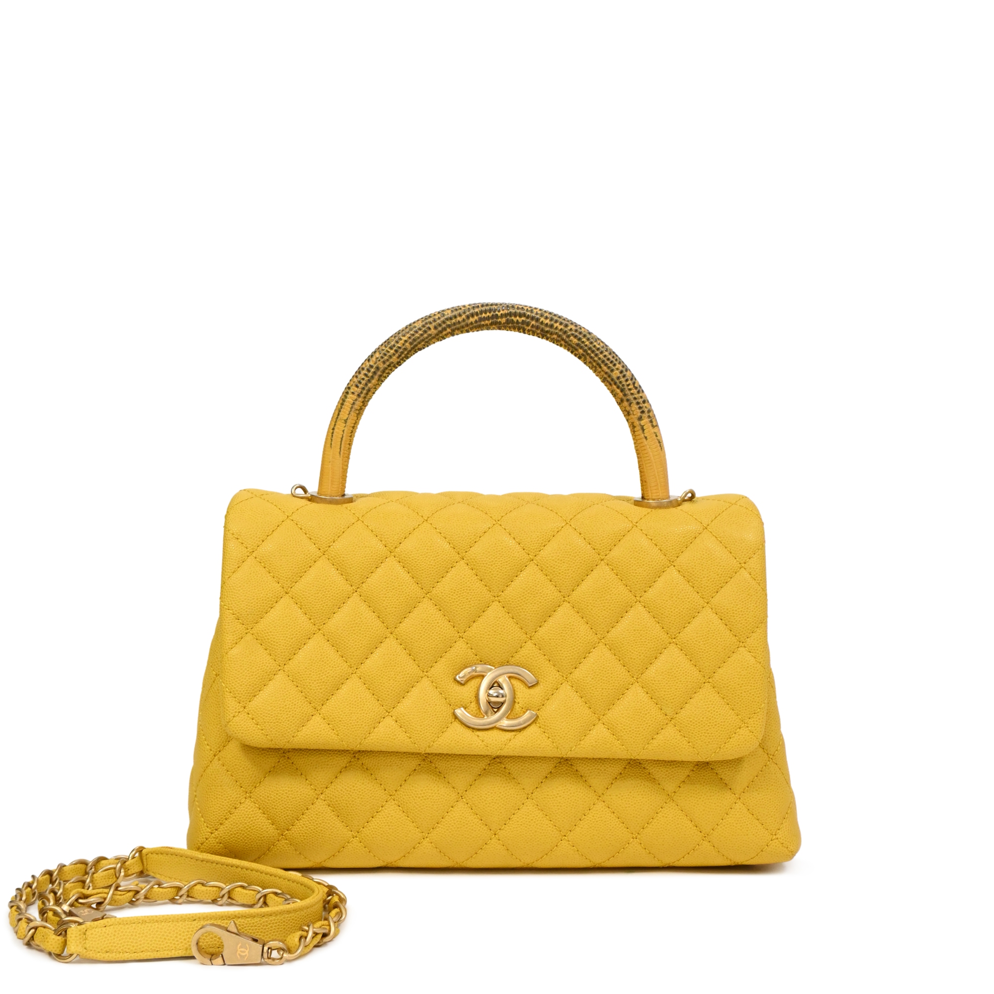 Yellow Quilted Caviar and Lizard Medium Coco Top Handle Flap Bag Aged Gold Hardware, 2018