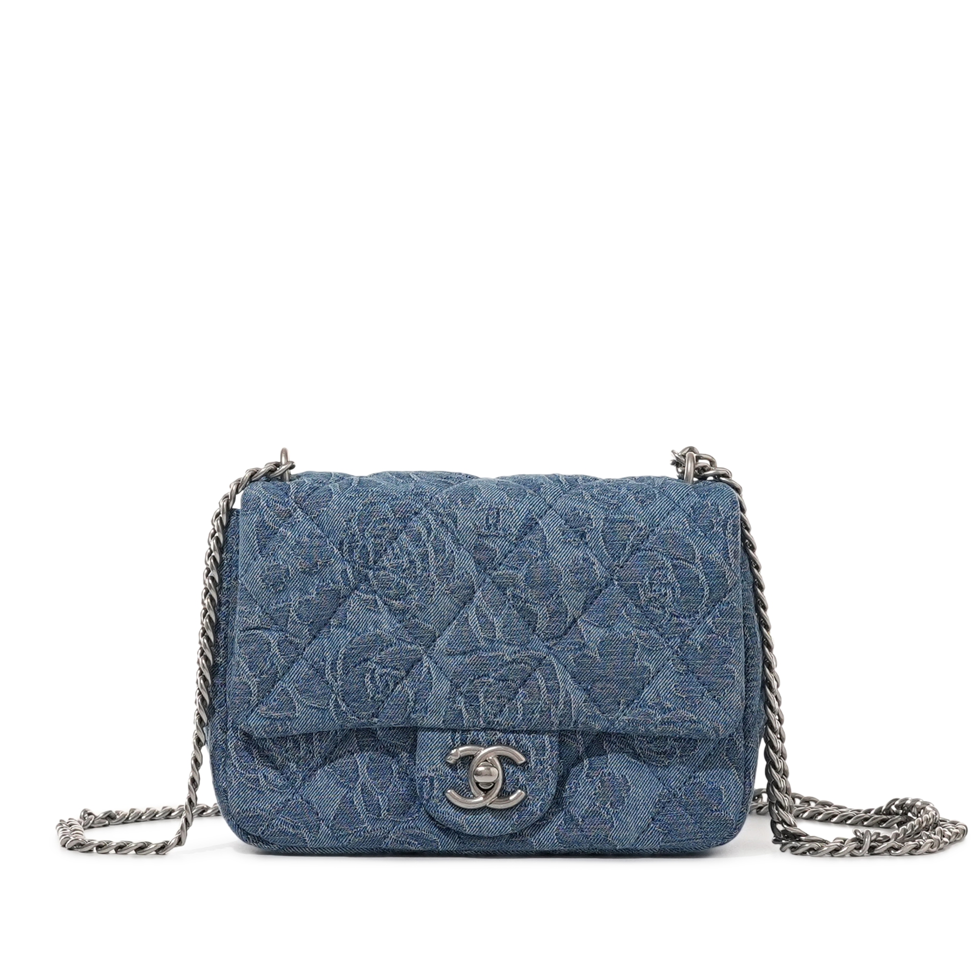 Blue Quilted Denim Camellia Heart Crush Mini Flap Bag Brushed Silver Hardware