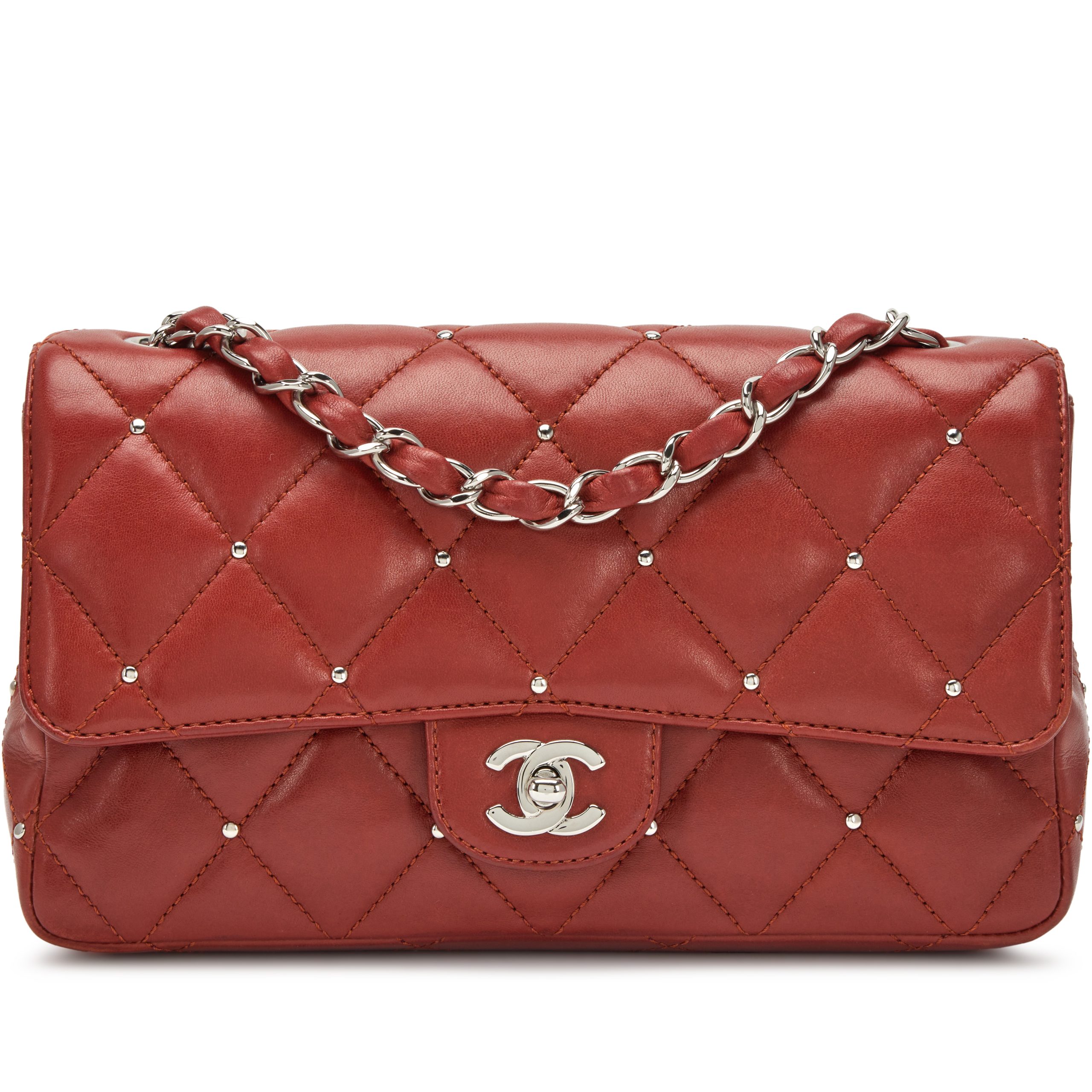 Rouge Clair Quilted Lambskin Studded Classic Medium Single Flap Bag Silver Hardware, 2005