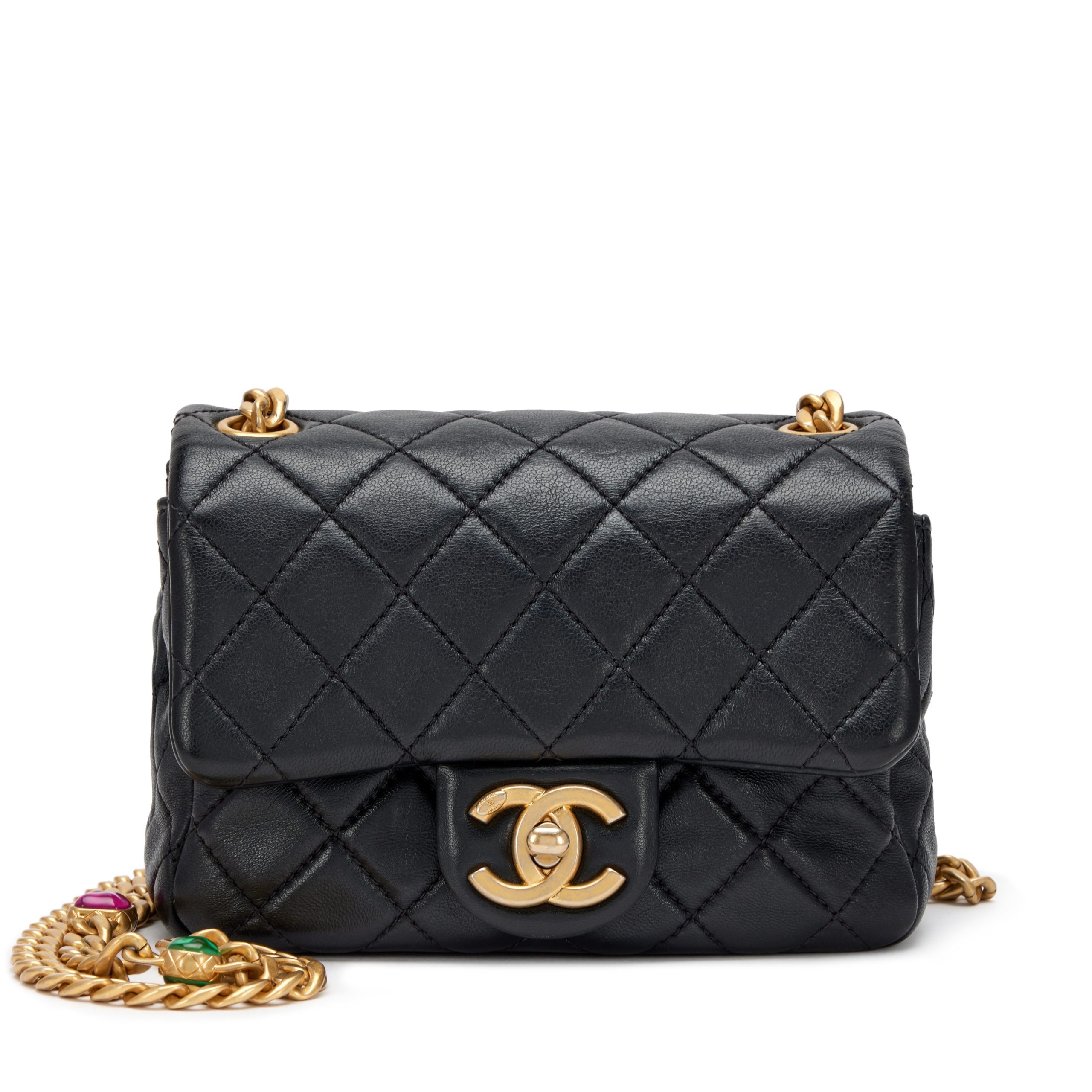 Black Quilted Lambskin Resin Pearl Samba Mini Square Flap Bag Aged Gold Hardware, 2021
