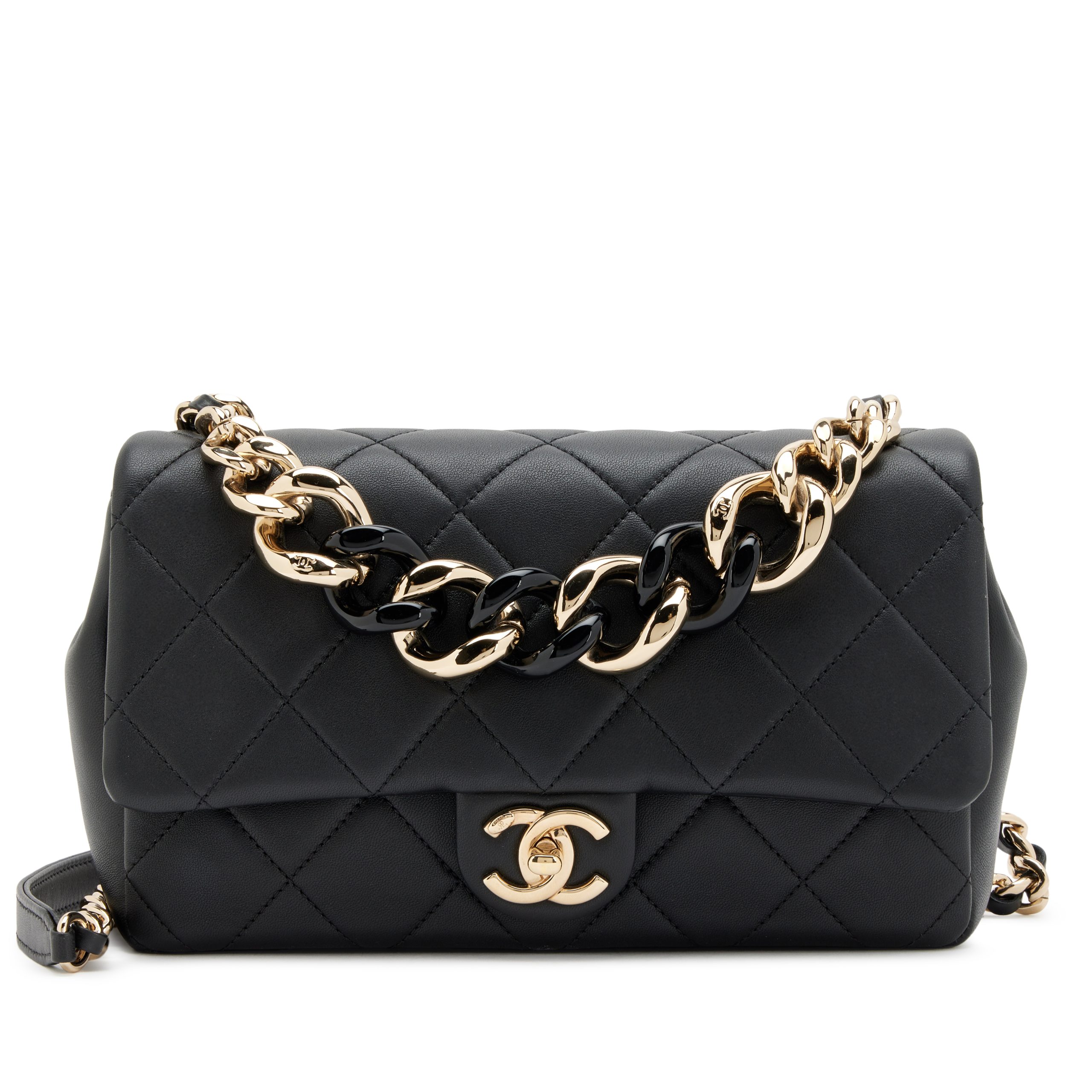 Black Quilted Lambskin Elegant Chain Single Flap Bag Gold and Black Resin Hardware, 2019