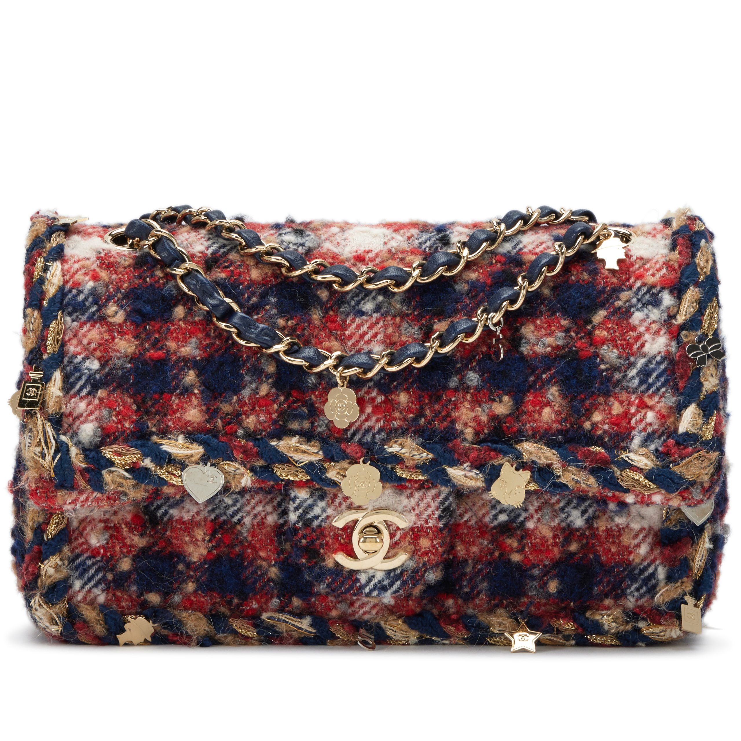 Multicolor Quilted Tweed Braided Charms Medium Classic Double Flap Bag Gold Hardware, 2017