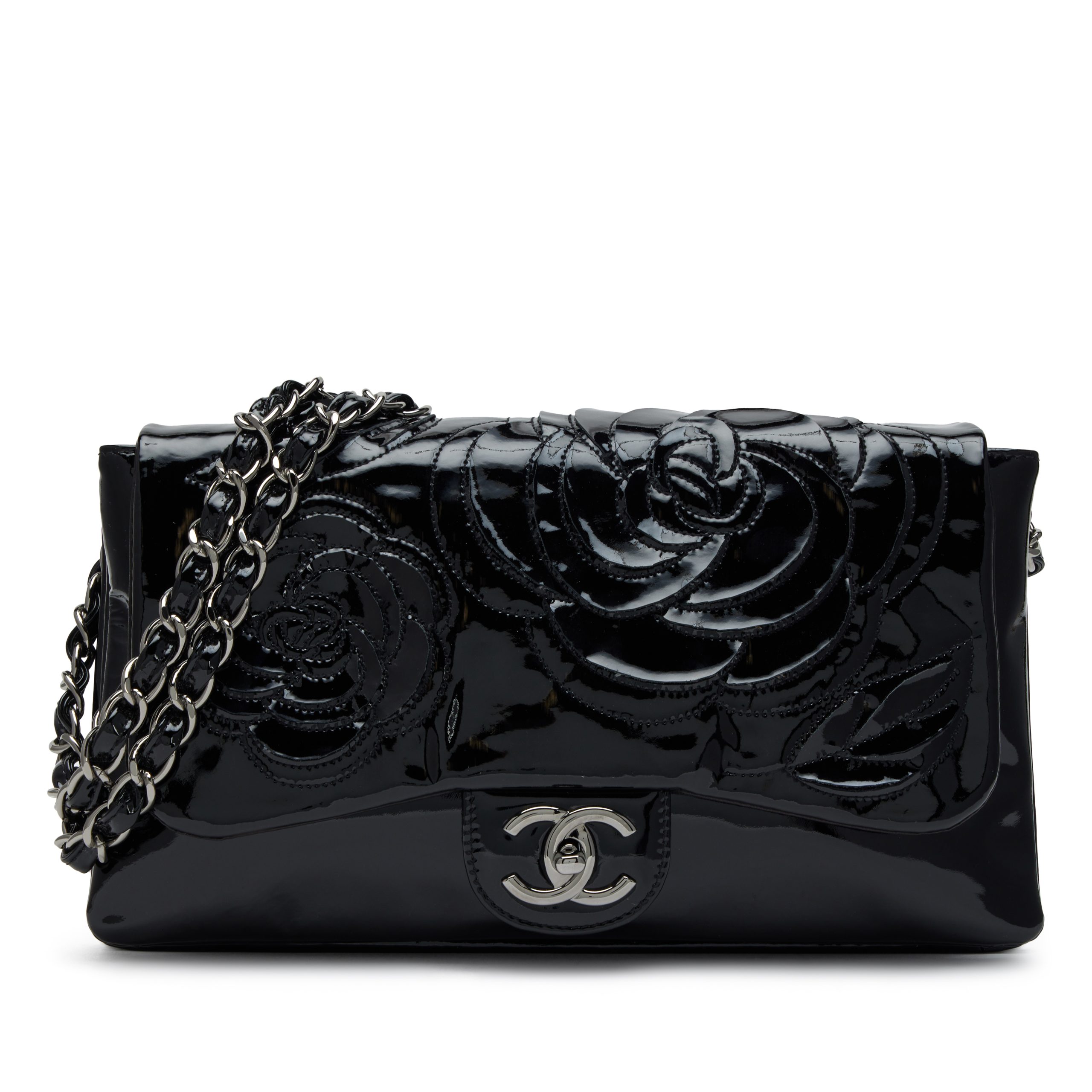 Black Patent Paris-Shanghai Tweed Camellia Petals Flap Bag Silver Hardware, 2010