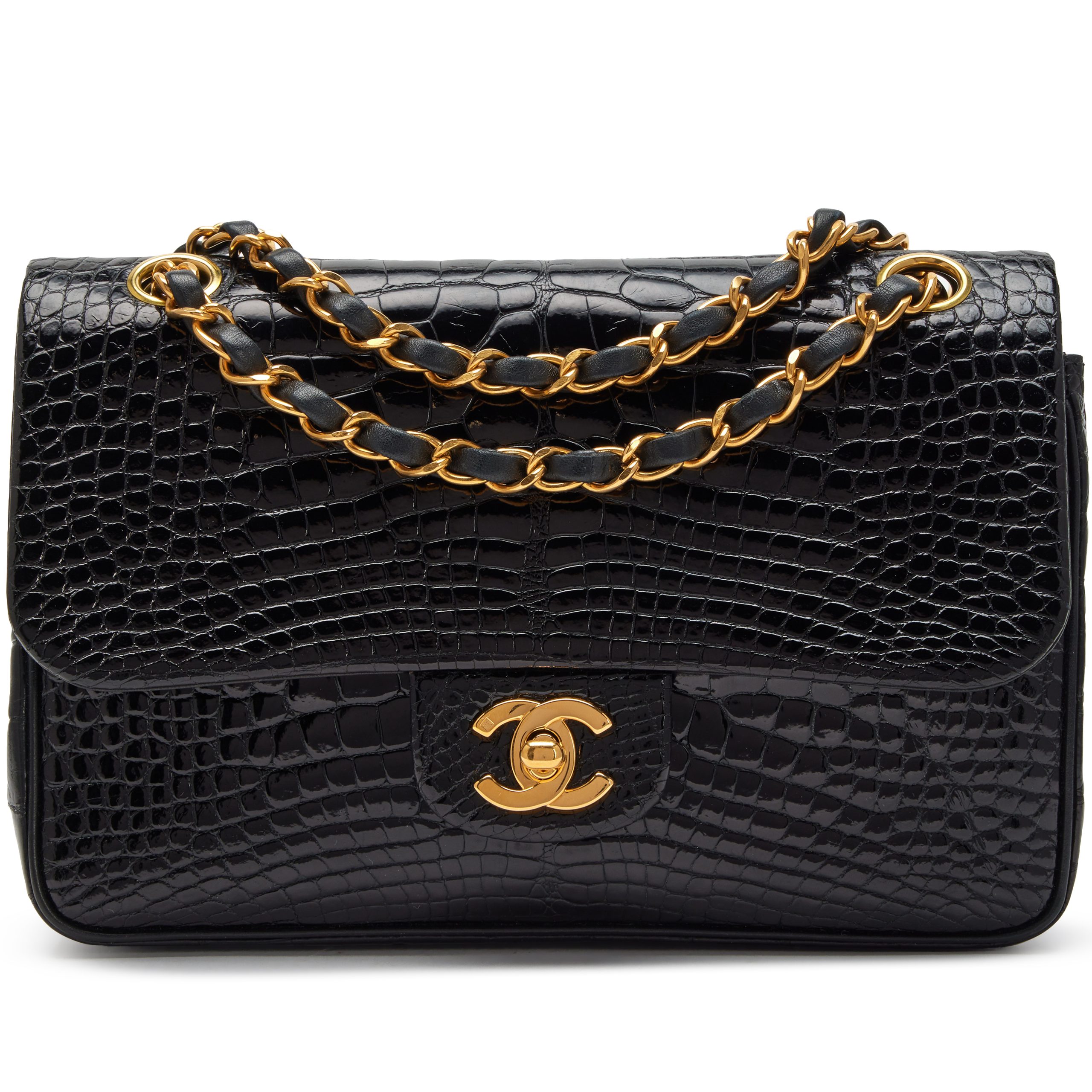 Black Shiny Alligator Small Classic Double Flap Bag Gold Hardware, 1996-1997