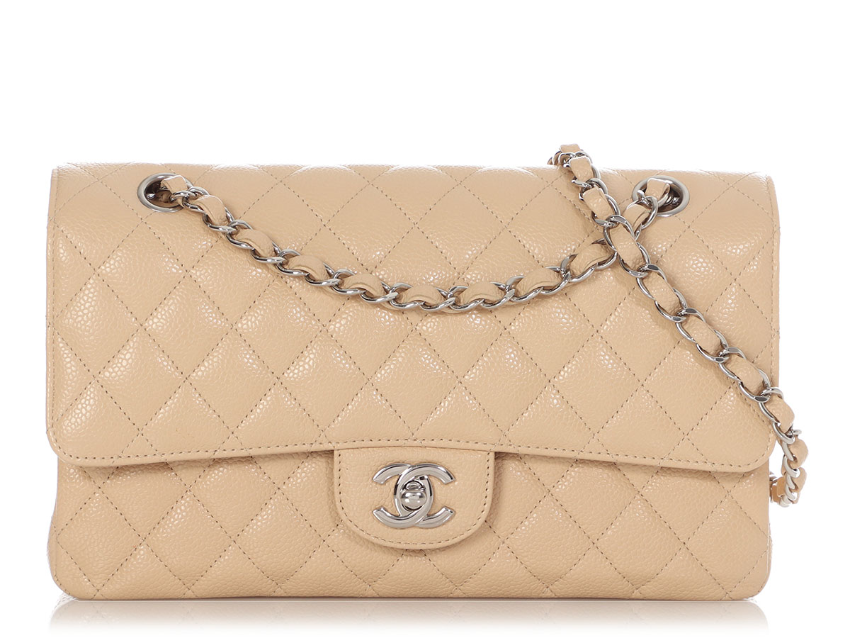 Beige Clair Quilted Caviar Medium Classic Double Flap Bag Silver Hardware, 2014-2015