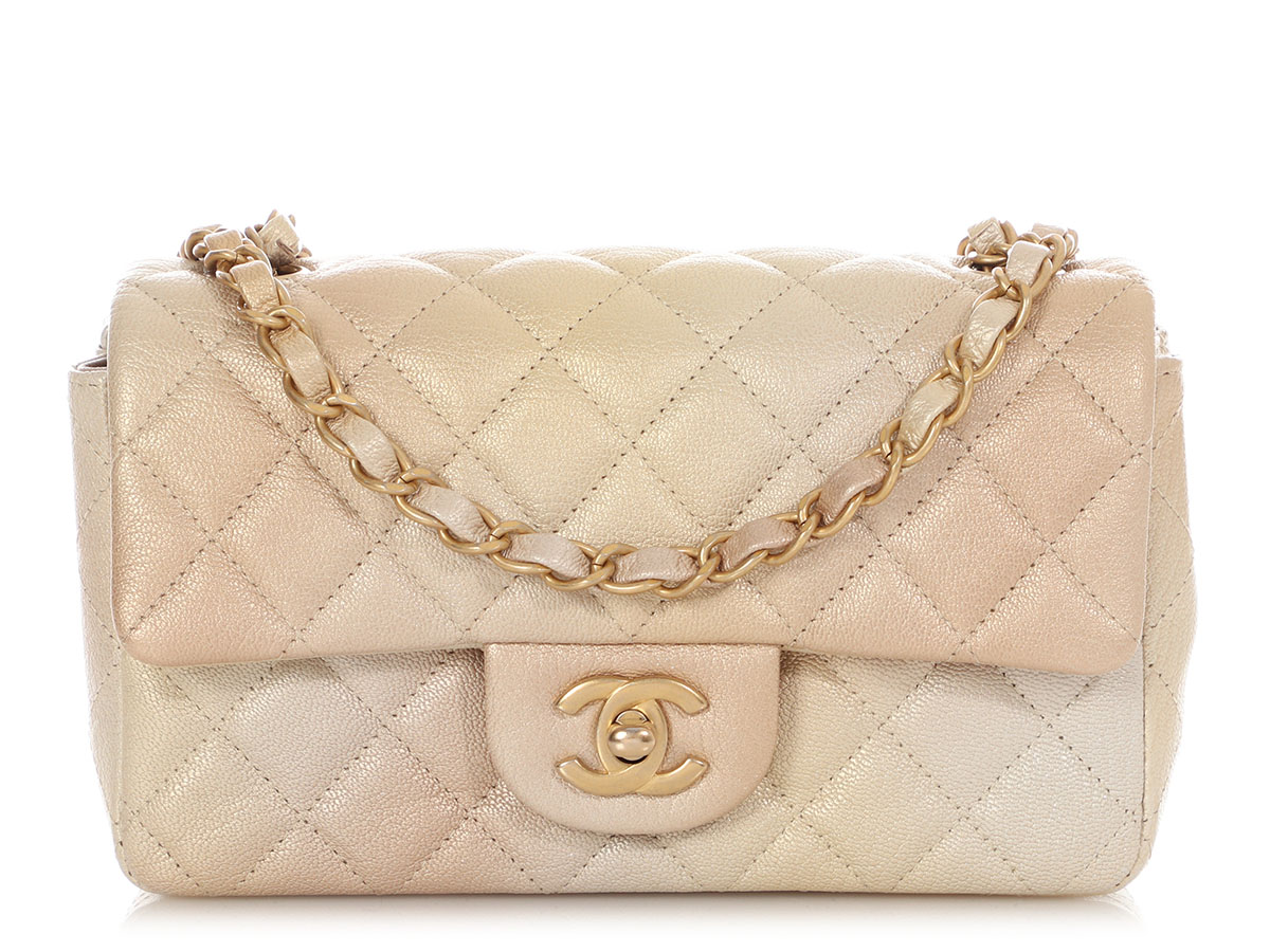 Beige and Gold Iridescent Quilted Calfskin Mini Rectangular Classic Flap Bag Gold Hardware, 2022