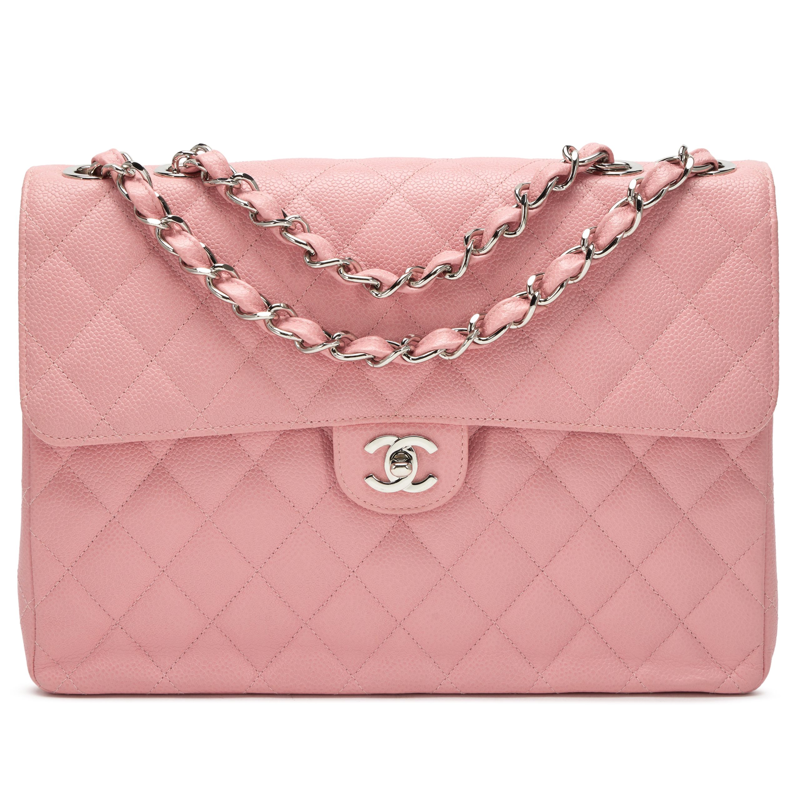 Sakura Pink Quilted Caviar Square Classic Jumbo Flap Bag Silver Hardware, 2003-2004