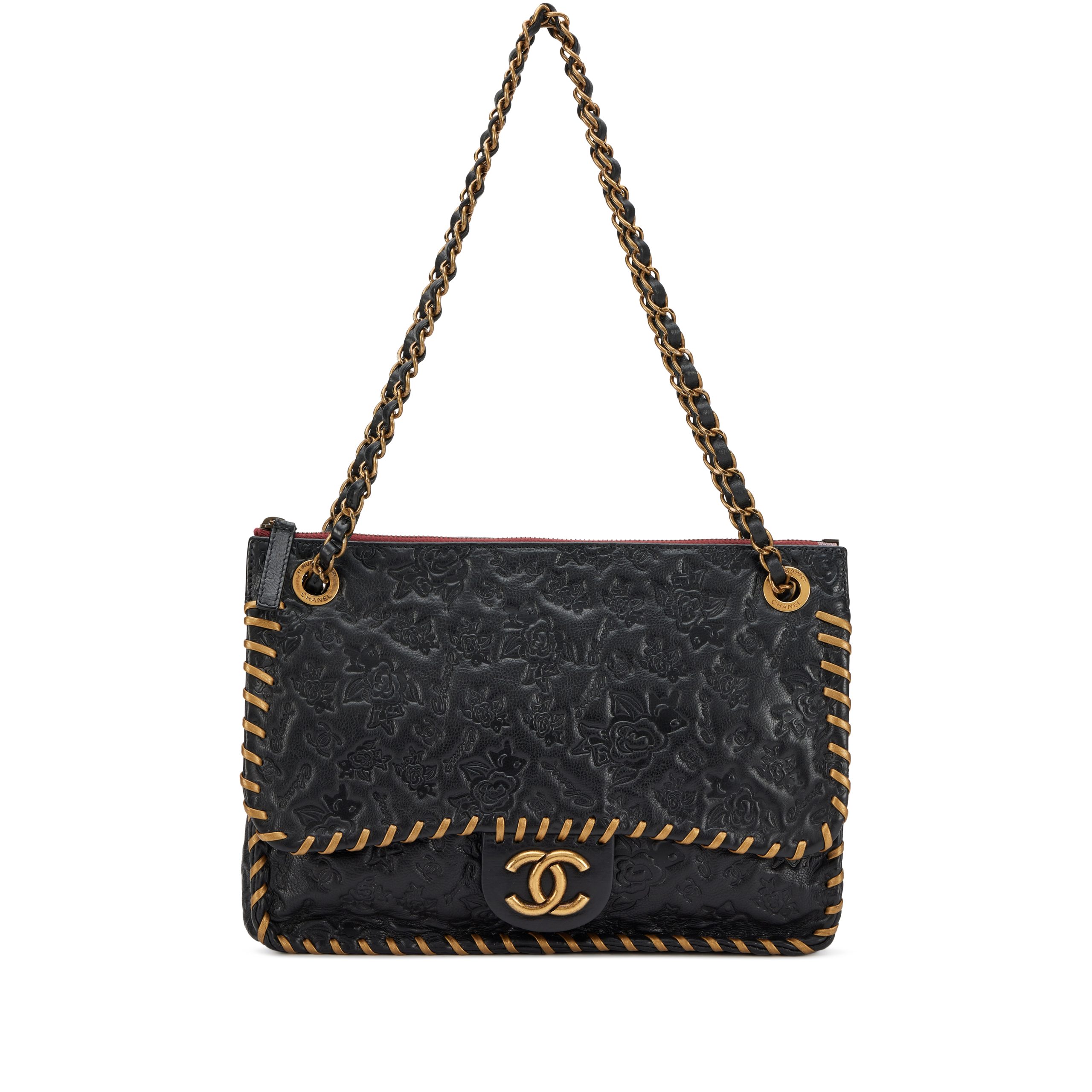 Black Calfskin Embossed Camellia CC Logo Symbols Whipstitch Blizzard Shoulder Bag Aged Gold Hardware, 2011