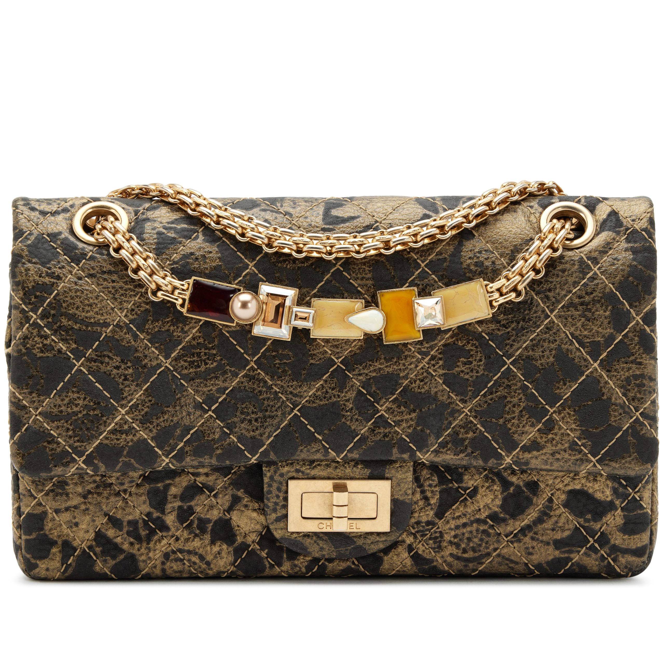 Limited Edition Gold and Black Painted Quilted Buffalo Paris-Moscow 225 Reissue 2.55 Double Jeweled Chain Flap Bag Antique Gold Hardware, 2009