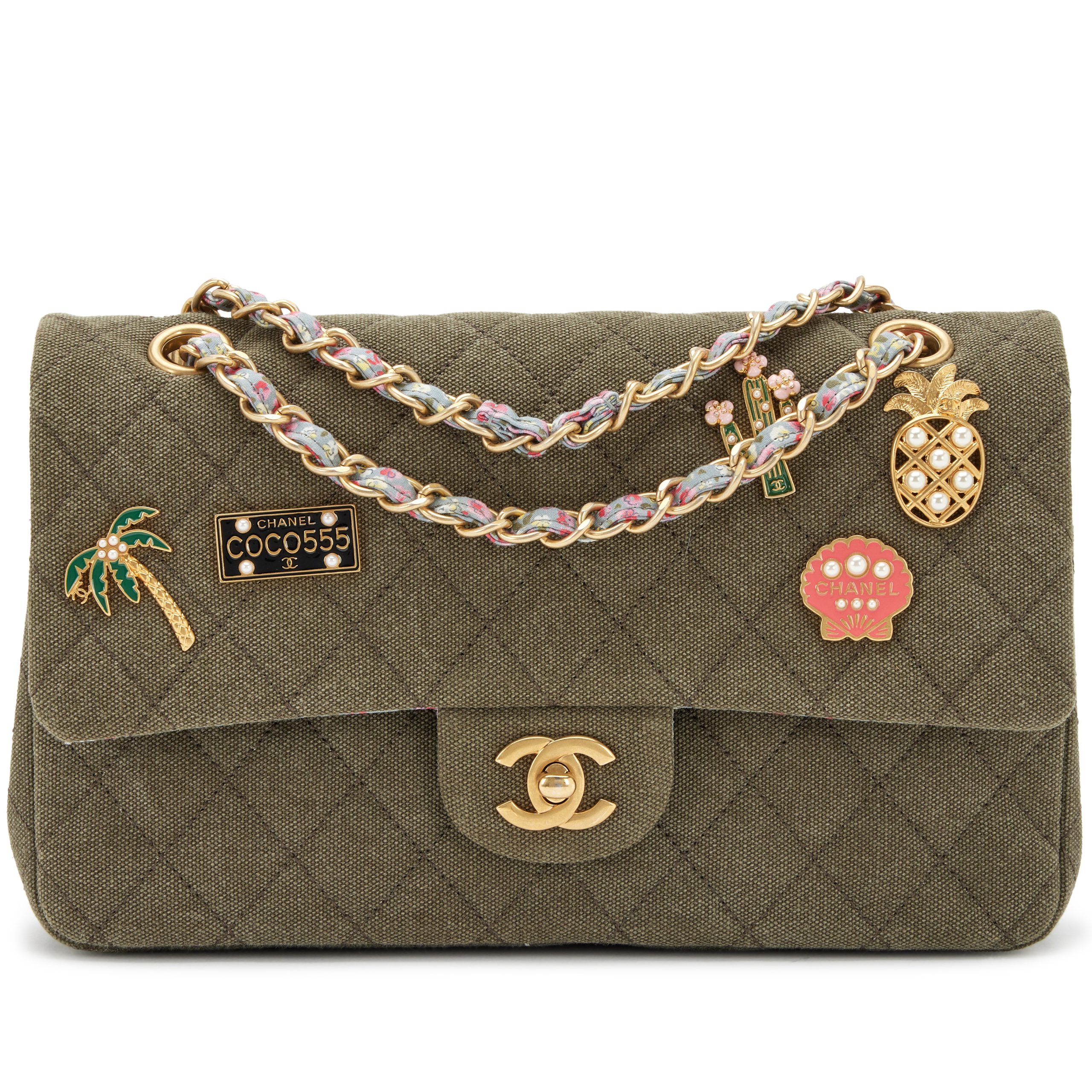 Khaki Quilted Canvas Coco Cuba Charms Medium Classic Double Flap Bag Aged Gold Hardware, 2017