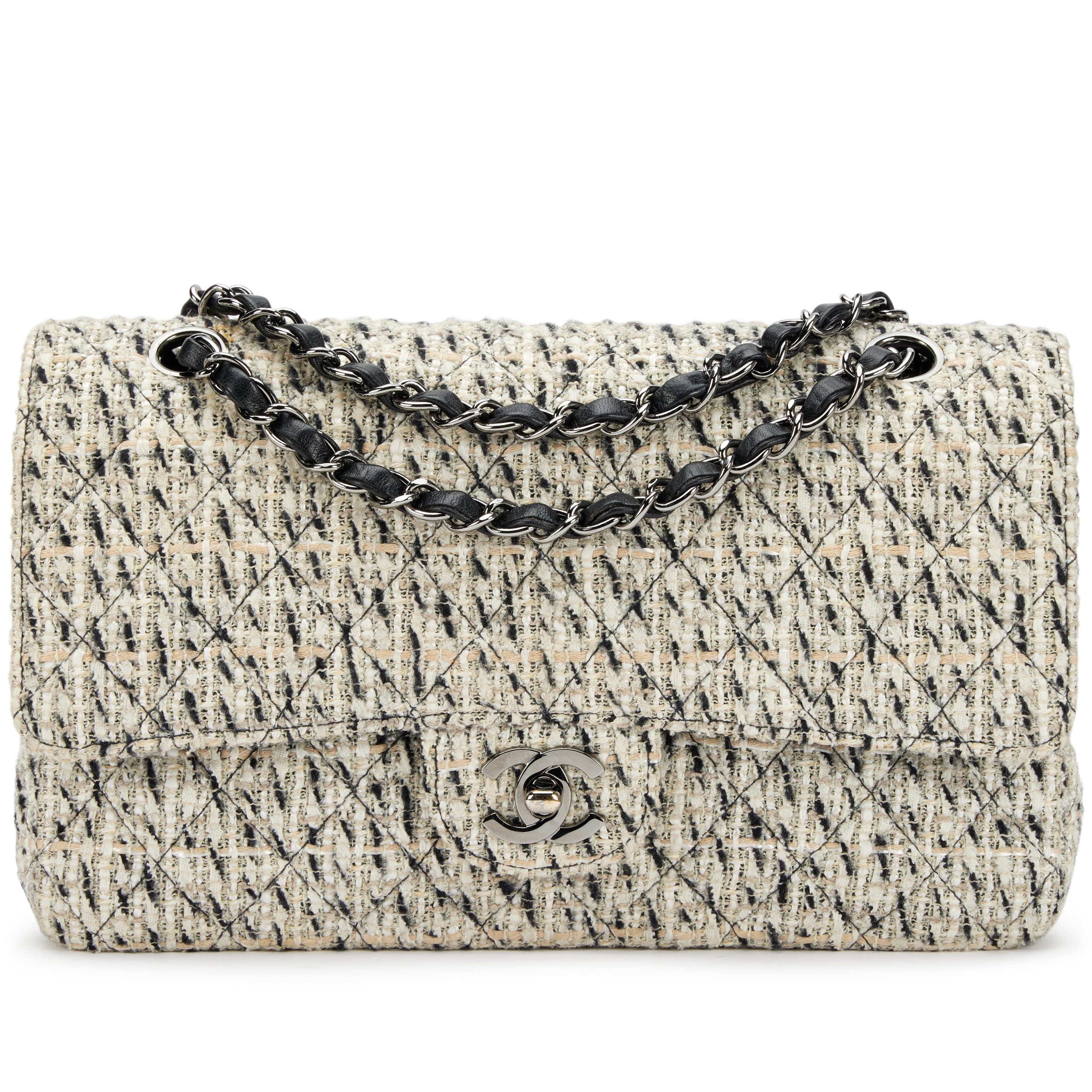 Black and White Multicolor Tweed Medium Classic Double Flap Bag Silver Hardware, 2002-2003