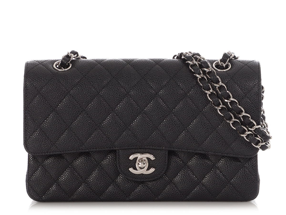 Black Quilted Caviar Medium Classic Double Flap Bag Silver Hardware, 2012