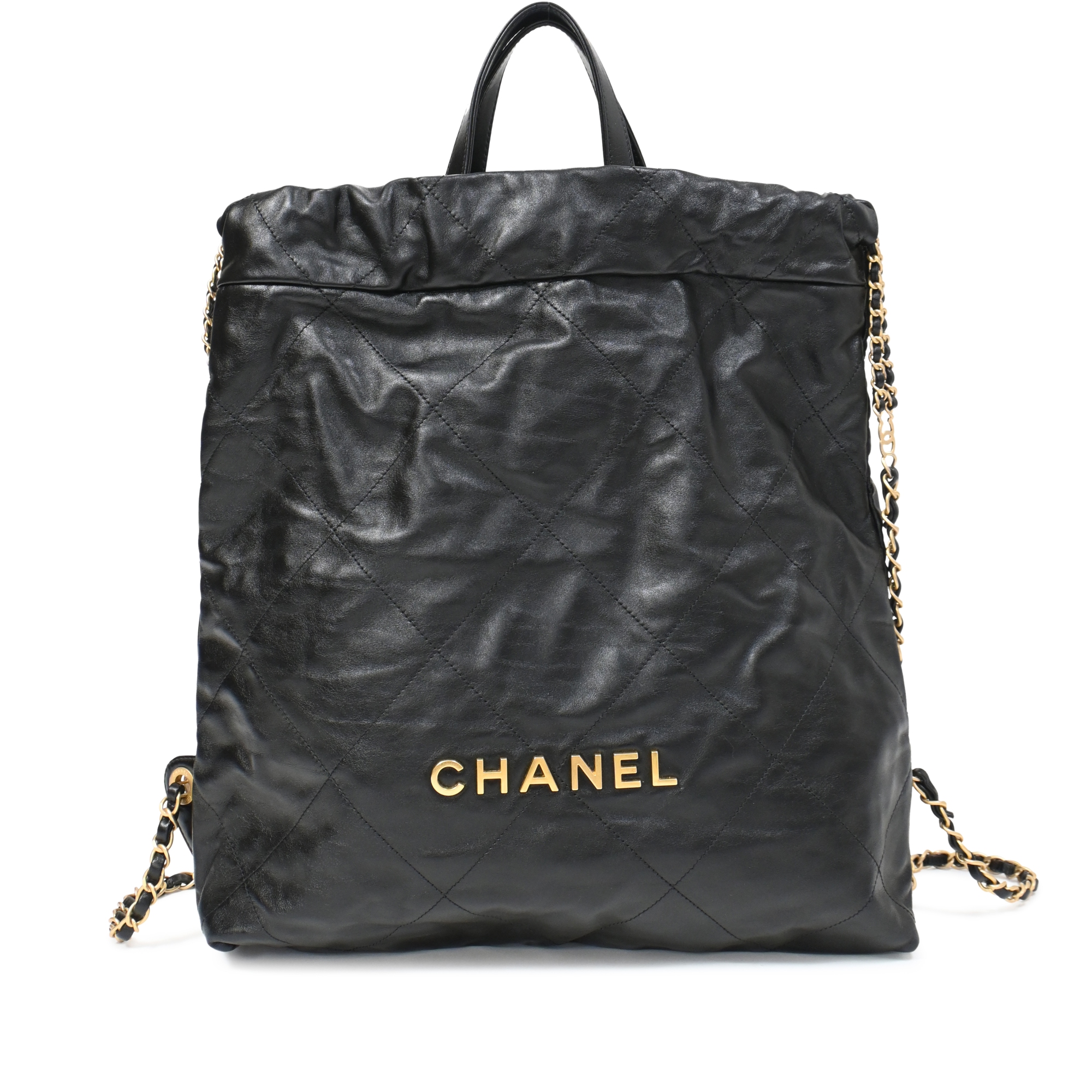 Black Quilted Calfskin Top Handle 22 Backpack Aged Gold Hardware