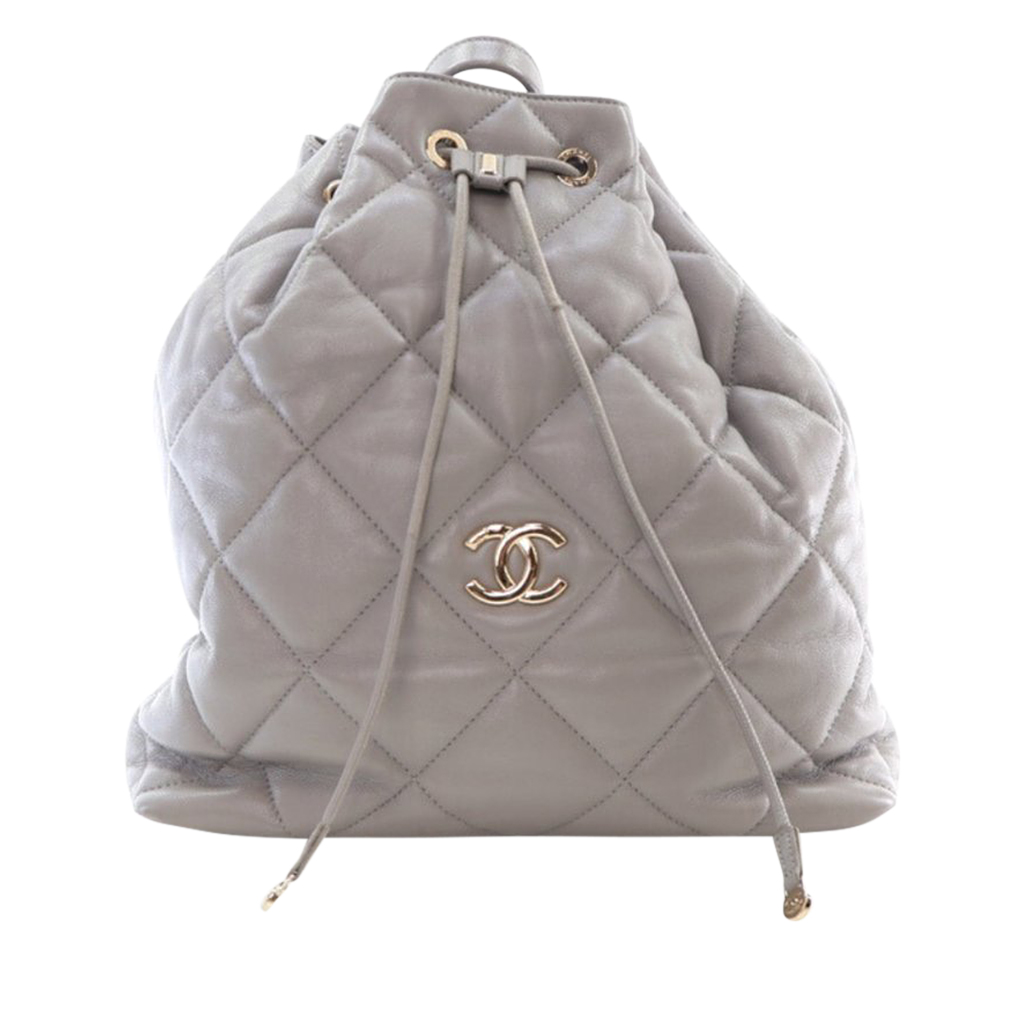 Grey Quilted Calfskin Drawstring Bucket Backpack Pale Gold Hardware, 2019