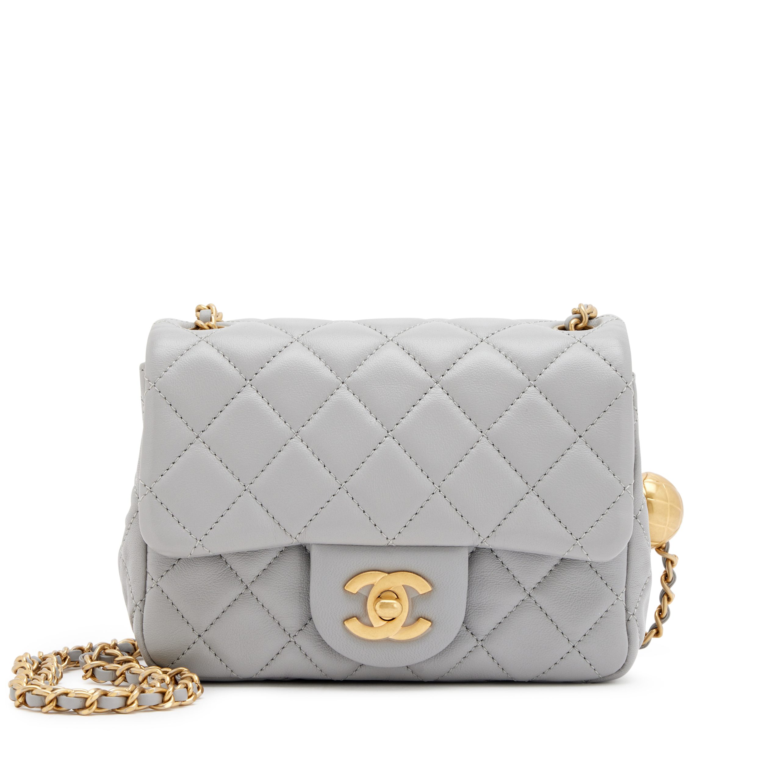 Grey Quilted Lambskin Pearl Crush Mini Flap Bag Aged Gold Hardware, 2021