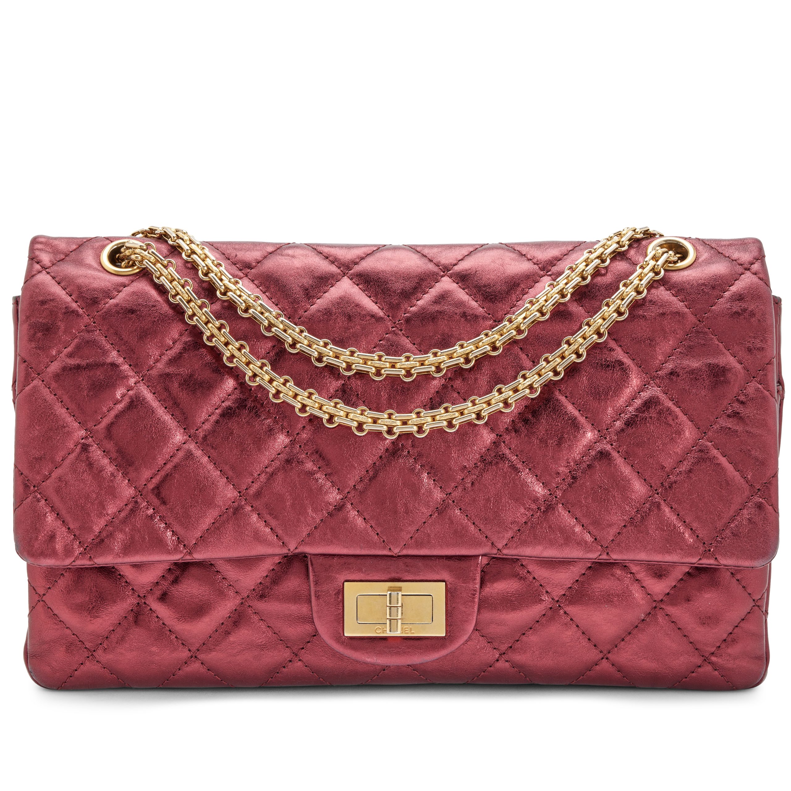 Metallic Burgundy Quilted Calfskin Reissue 2.55 227 Double Flap Bag Gold Hardware, 2009