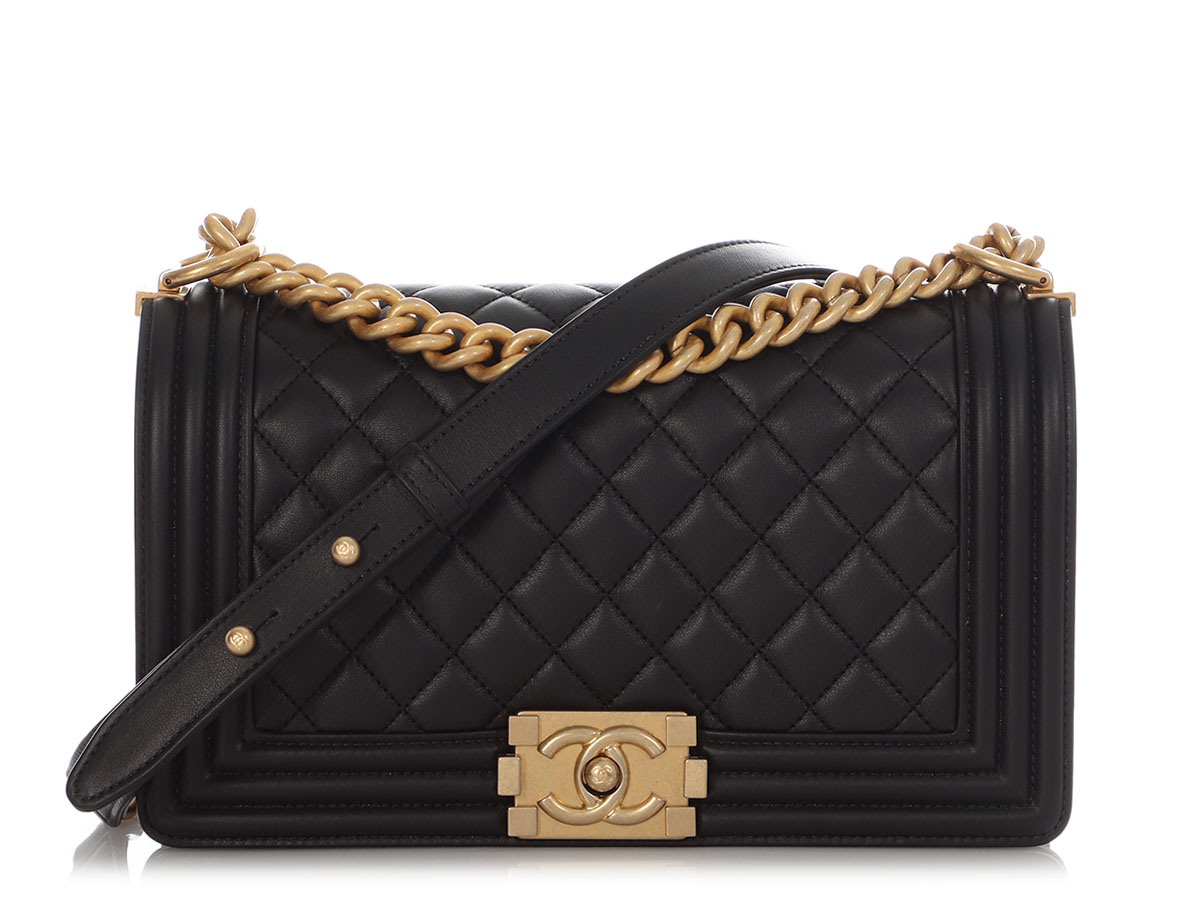 Black Quilted Lambskin Old Medium Boy Bag Aged Gold Hardware, 2019