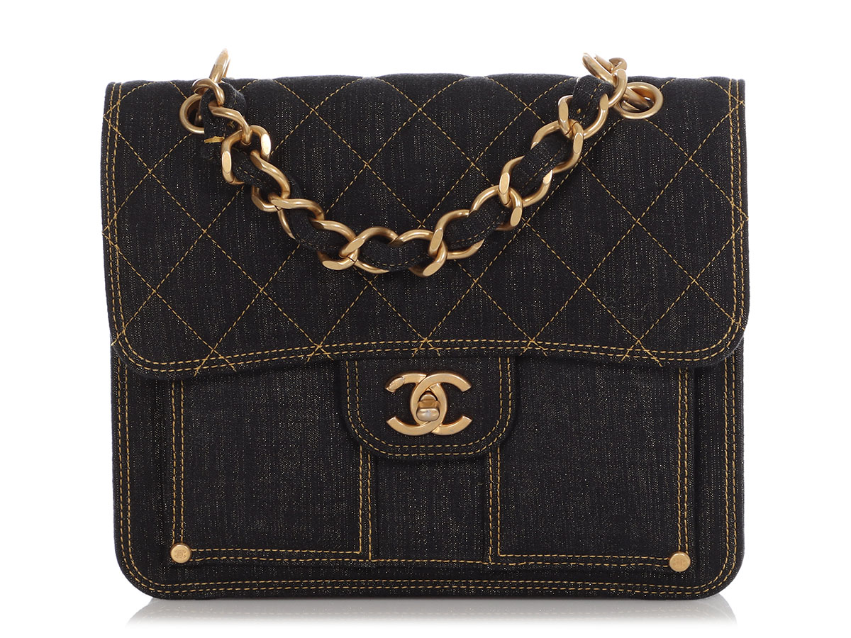 Dark Blue Quilted Denim Backpack Aged Gold Hardware, 2023
