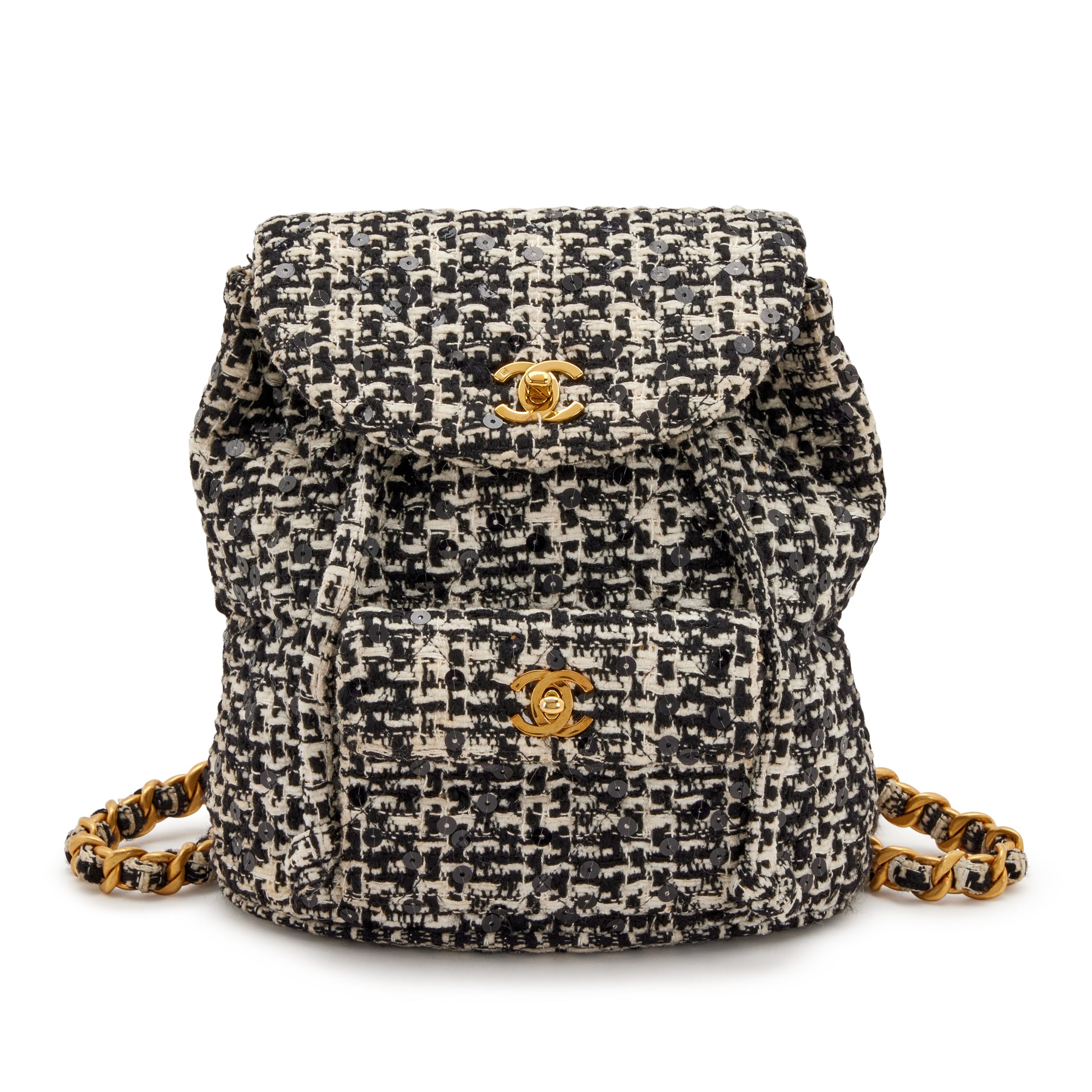 Black and White Quilted Sequin Tweed Medium Duma Timeless CC Backpack Gold Hardware, 1994